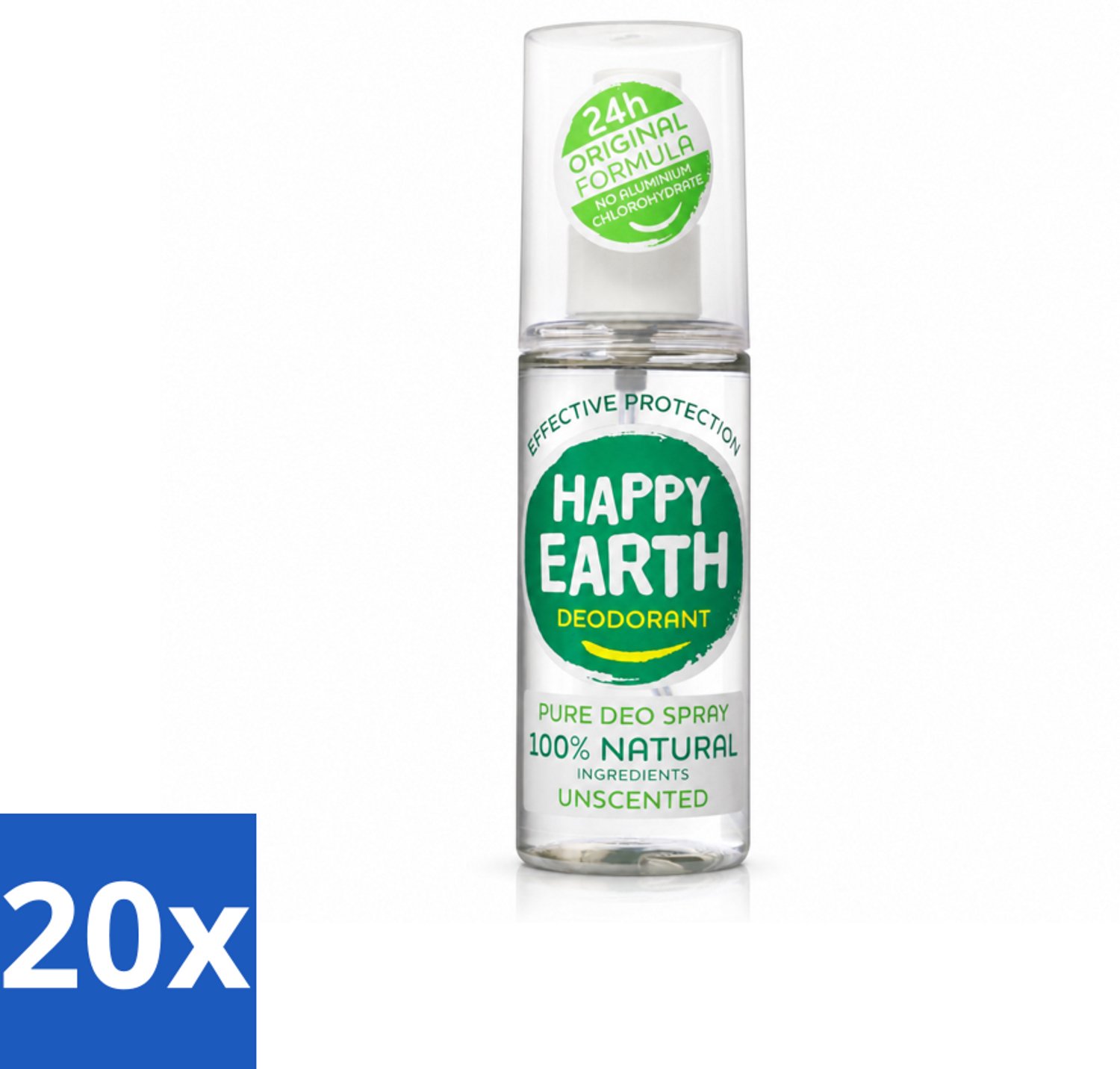 20 x Happy Earth – Deodorant Spray – 100% Natuurlijk Unscented – 100 ml - Voordeelverpakking - 20 stuks