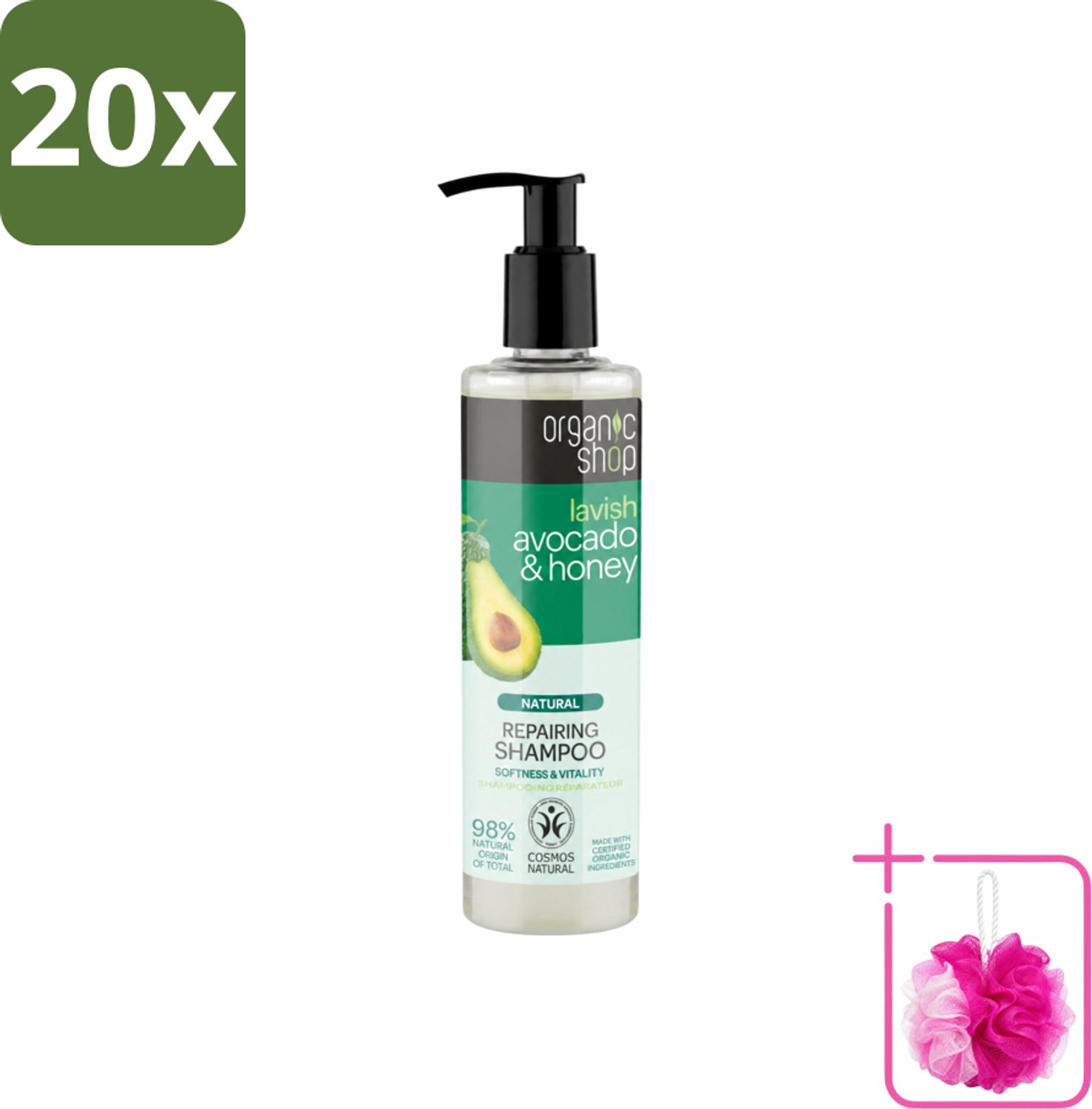 20 x Organic Shop - Natural Repairing Shampoo - Avocado & Honey - Hydraterend en Herstellend - 280 ml - Bulkverpakking - Natuurlijke shampoo - Douchemop - Avocado en honing