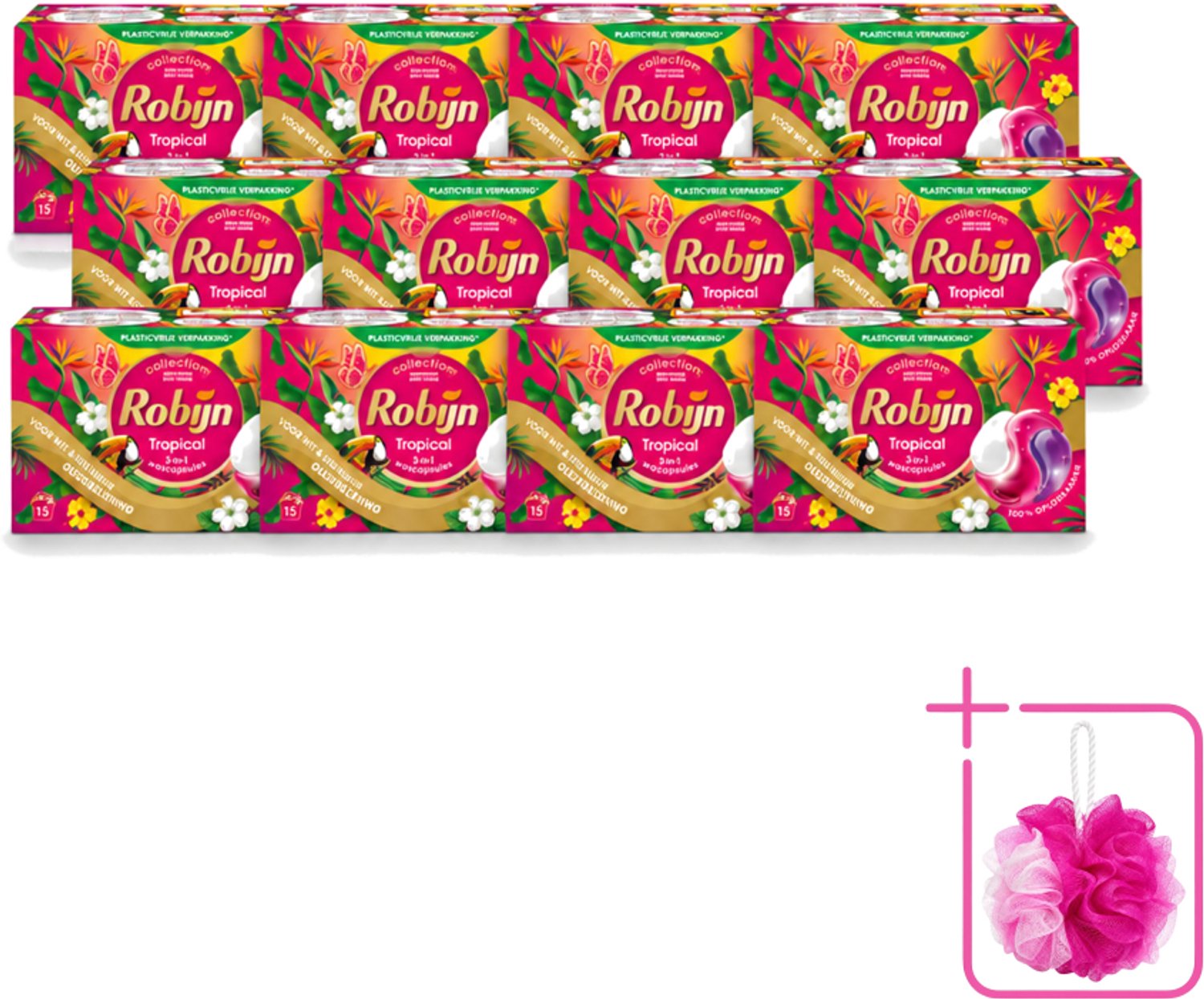 12 x Robijn - 3-in-1 Tropical - Wascapsules - 15 Wasbeurten - Bulkverpakking - Tropische geur - Douchemop - Wascapsules