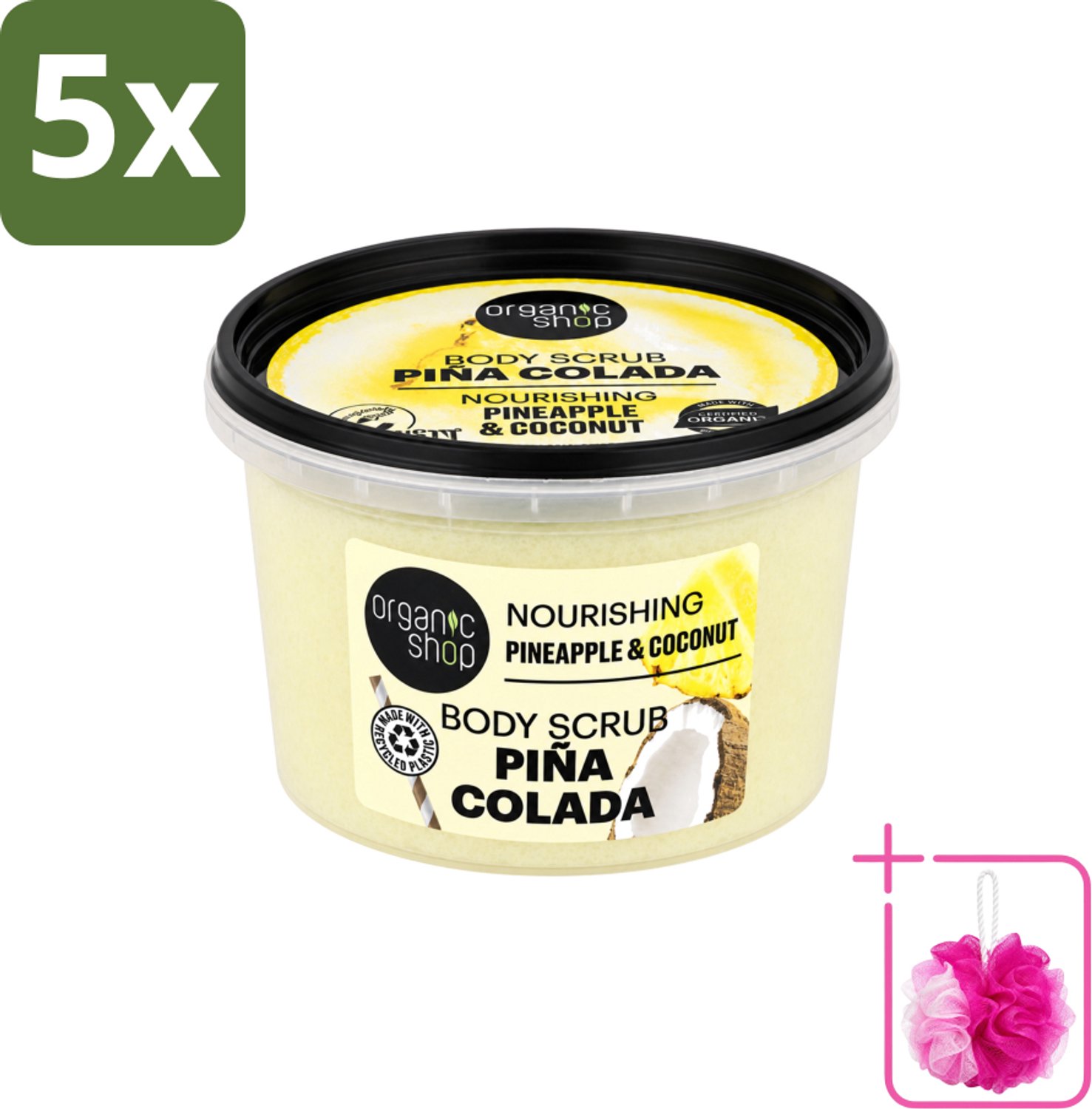 5 x Organic Shop - Body Scrub Pineapple & Coconut - Verfrissend en Voedend - 250 ml - Bulkverpakking - Bodyscrub - Douchemop - Exfoliatie