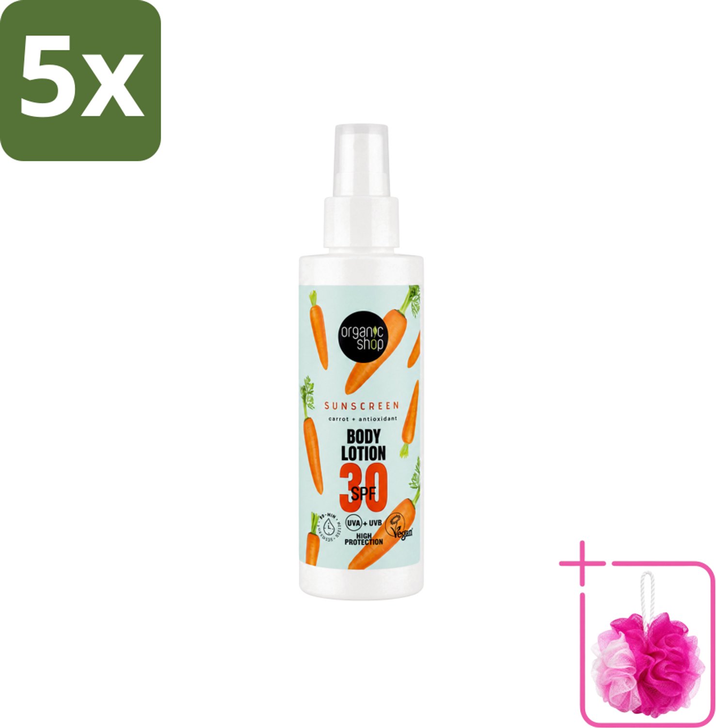 5 x Organic Shop - Zonnebrandcrème SPF 30 - Bescherming tegen de Zon - 150 ml - Bulkverpakking - Zonbescherming - Douchemop - Zonnebrandcrème