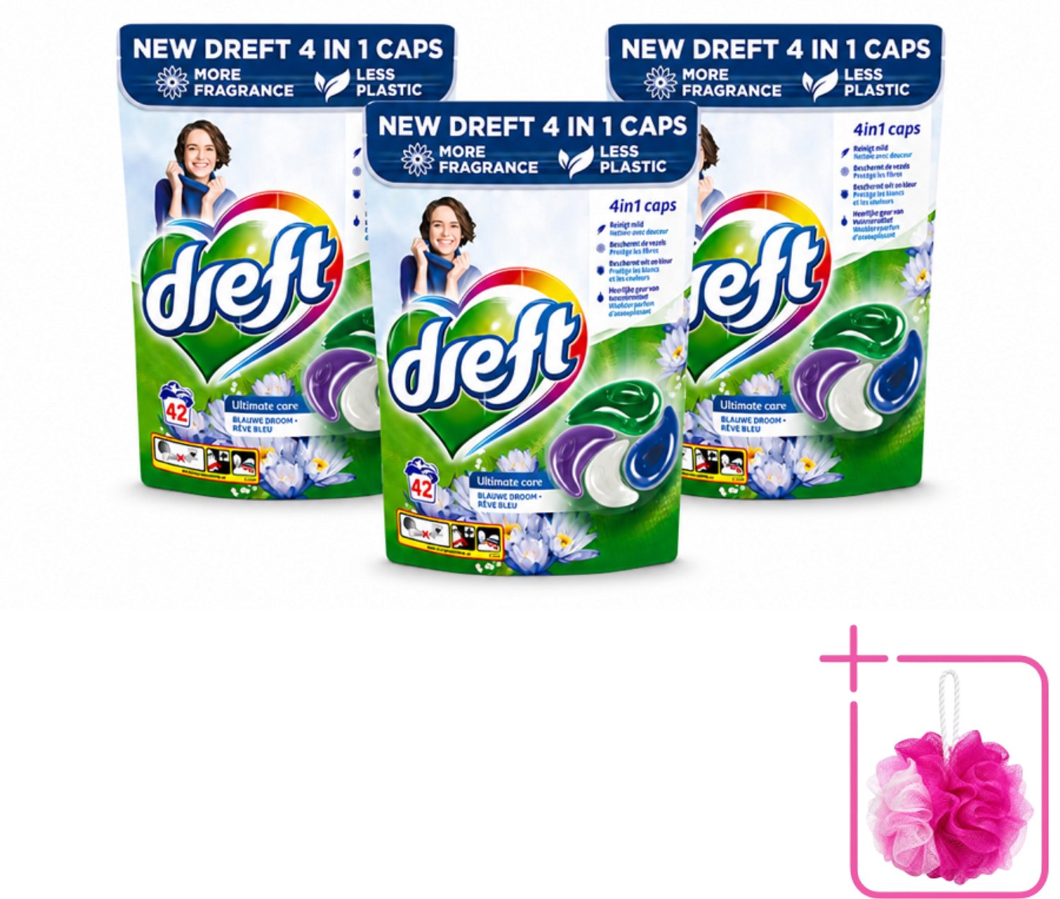 3 x Dreft - Wasmiddelcapsules - 4-in-1 Blue Dream - Krachtige waskracht - 42 Wasbeurten - Bulkverpakking - Wasmiddel - Douchemop - Wasmachine