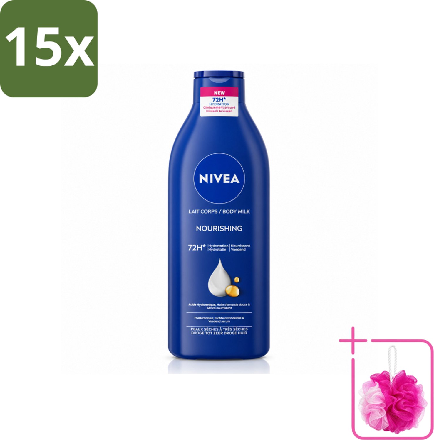 15 x Nivea - Body Milk - 72u Hydratatie - Droge tot Zeer Droge Huid - 400 ml - Bulkverpakking - Hydratatie - Douchemop - Droge huid