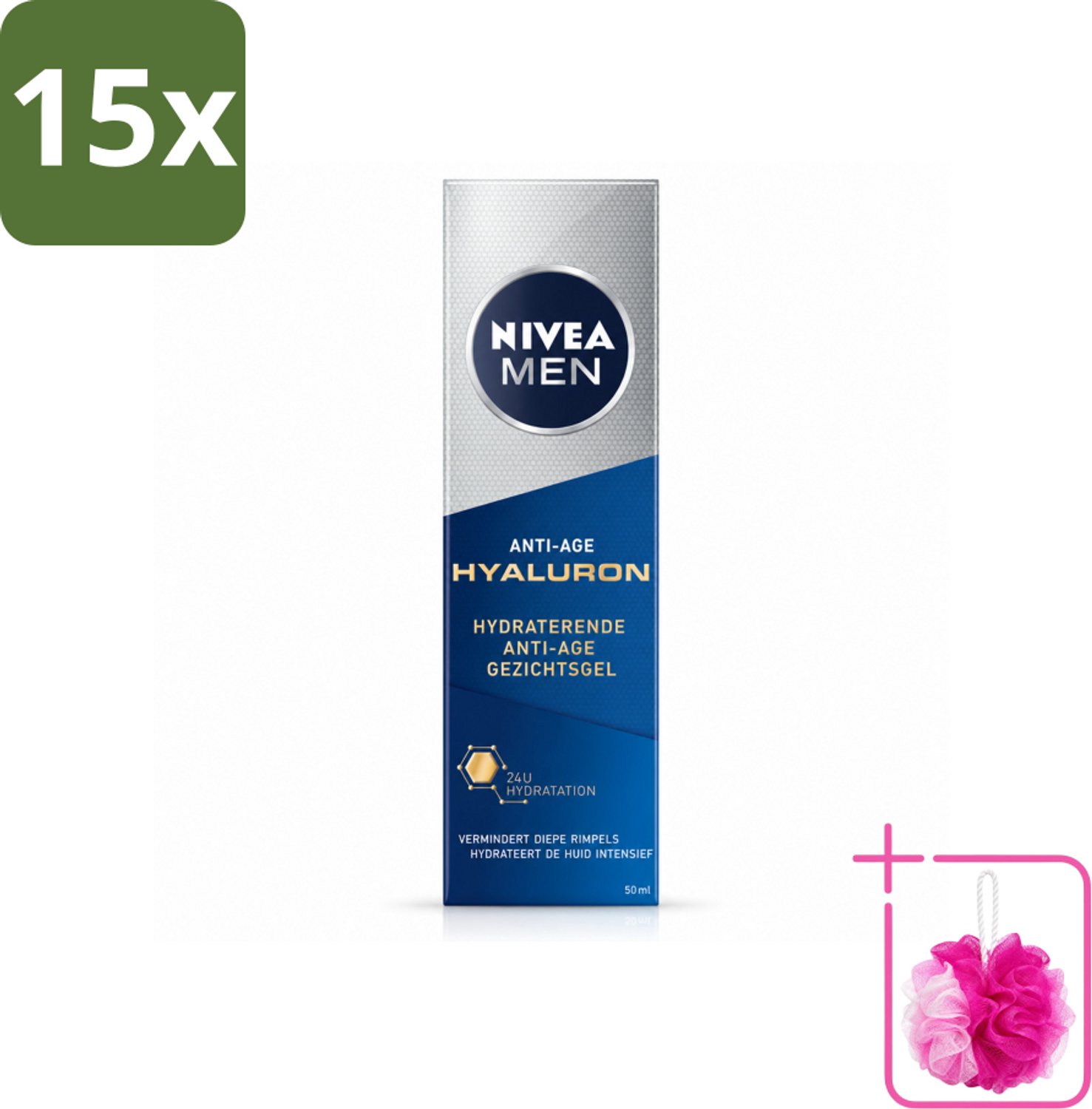 15 x NIVEA MEN - Anti-Age - Hydraterende Gezichtsgel met Hyaluron - 50 ml - Bulkverpakking - Anti-ouderdom - Douchemop - Gezichtsgel