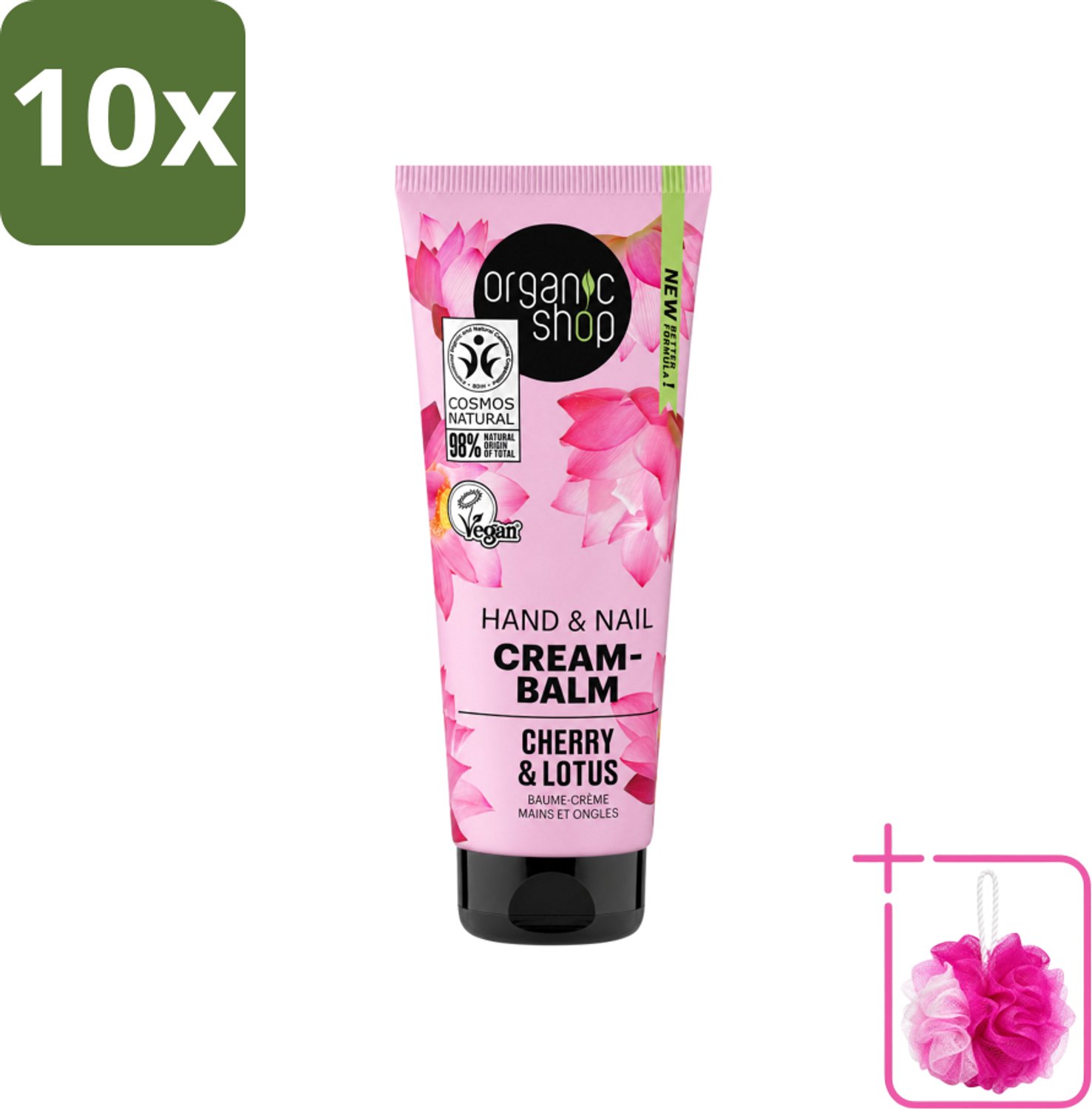10 x Organic Shop - Hand & Nail Cream - Cherry & Lotus - Verzorgend en Hydraterend - 75 ml - Bulkverpakking - Handcrème - Douchemop - Nagelverzorging