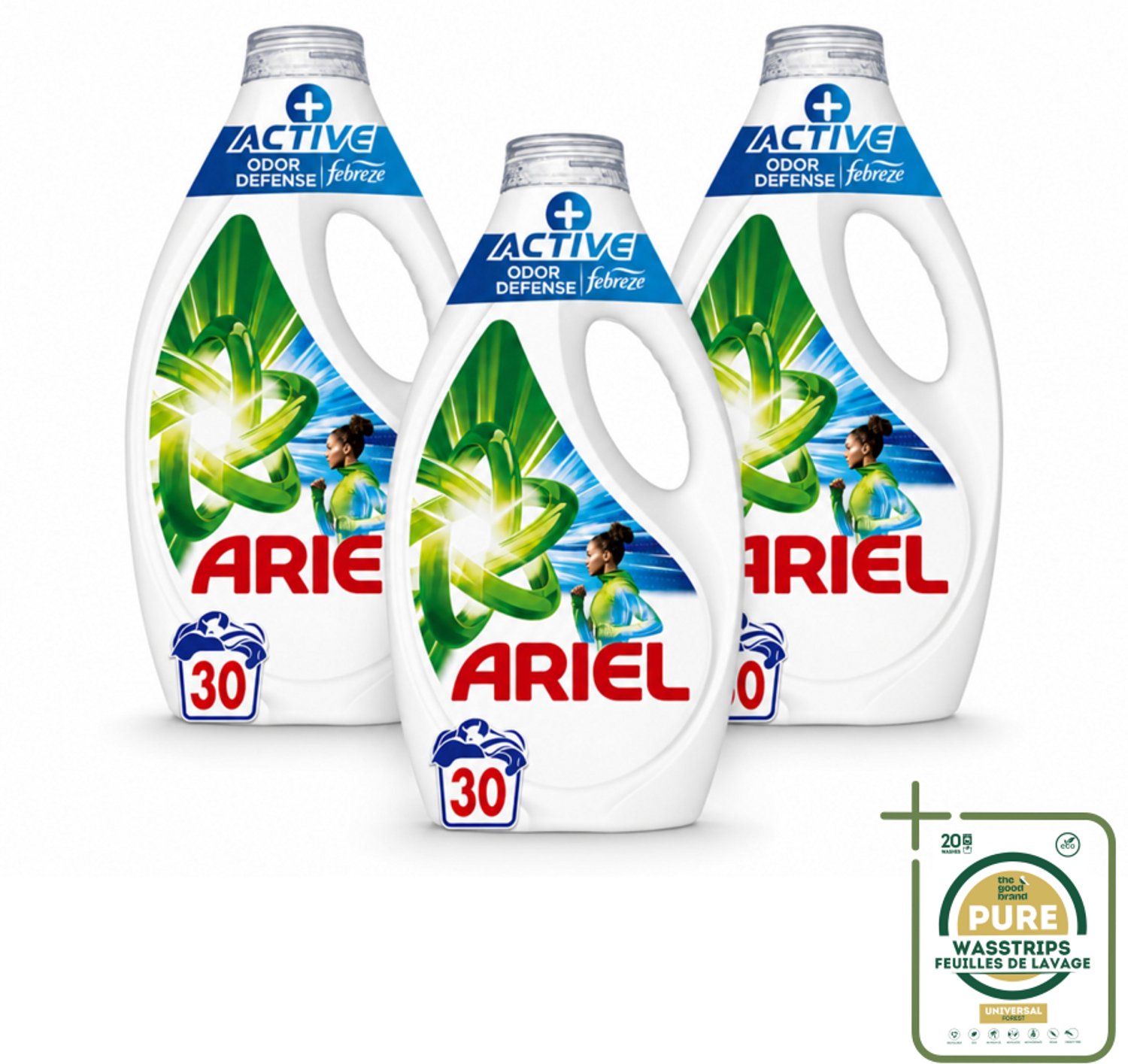 3 x Ariel - Vloeibaar Wasmiddel - +Actieve Odor Defense - 30 Wasbeurten - 1,35 liter - Wasstrips - Vloeibaar Wasmiddel - Geurverwijdering - Zweetgeuren - Wasmiddel Met Febreze - Sportkleding Was