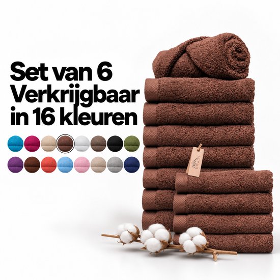 Set van 6 bruine handdoeken met katoentak en 16 kleurkeuzes afgebeeld.