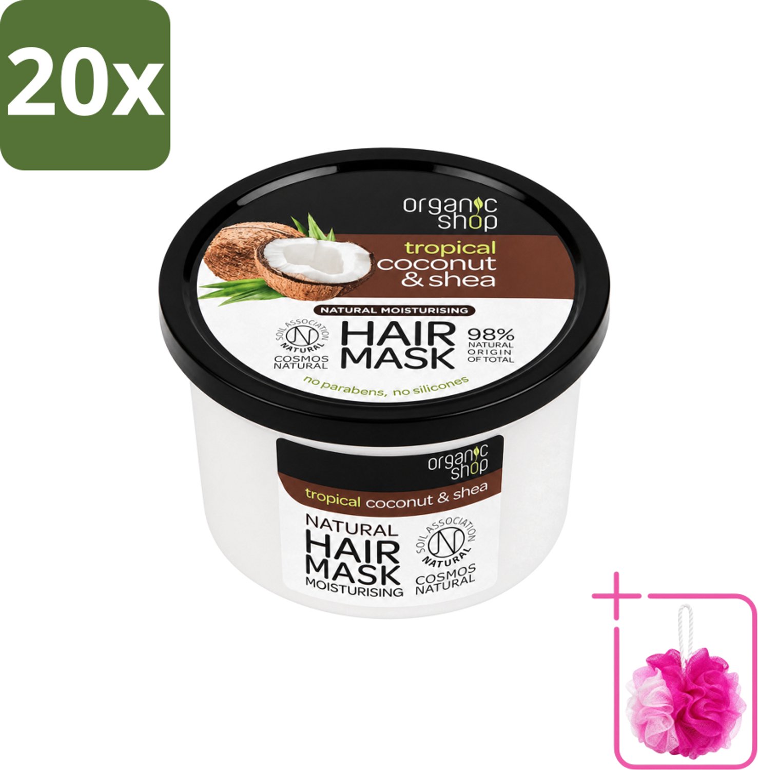 20 x Organic Shop - Haarmasker Coconut & Shea - Verzorgend en Voedend - 250 ml - Bulkverpakking - Haarmasker - Douchemop - Kokosnoot