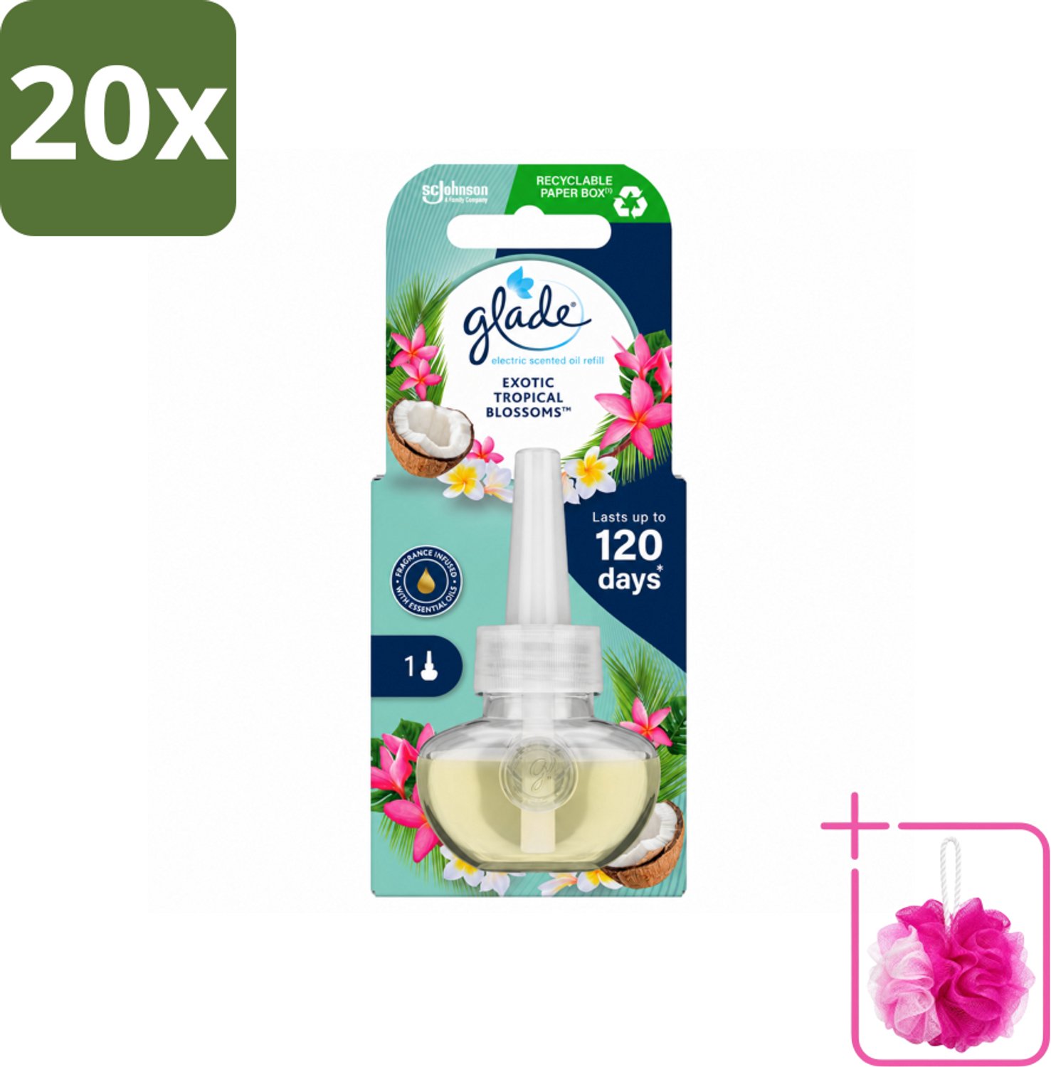 20 x Glade - Navulling Elektrische Olie - Exotic Tropical Blossoms - Zonder Houder - Bulkverpakking - Tropische geur - Douchemop - Monoi olie