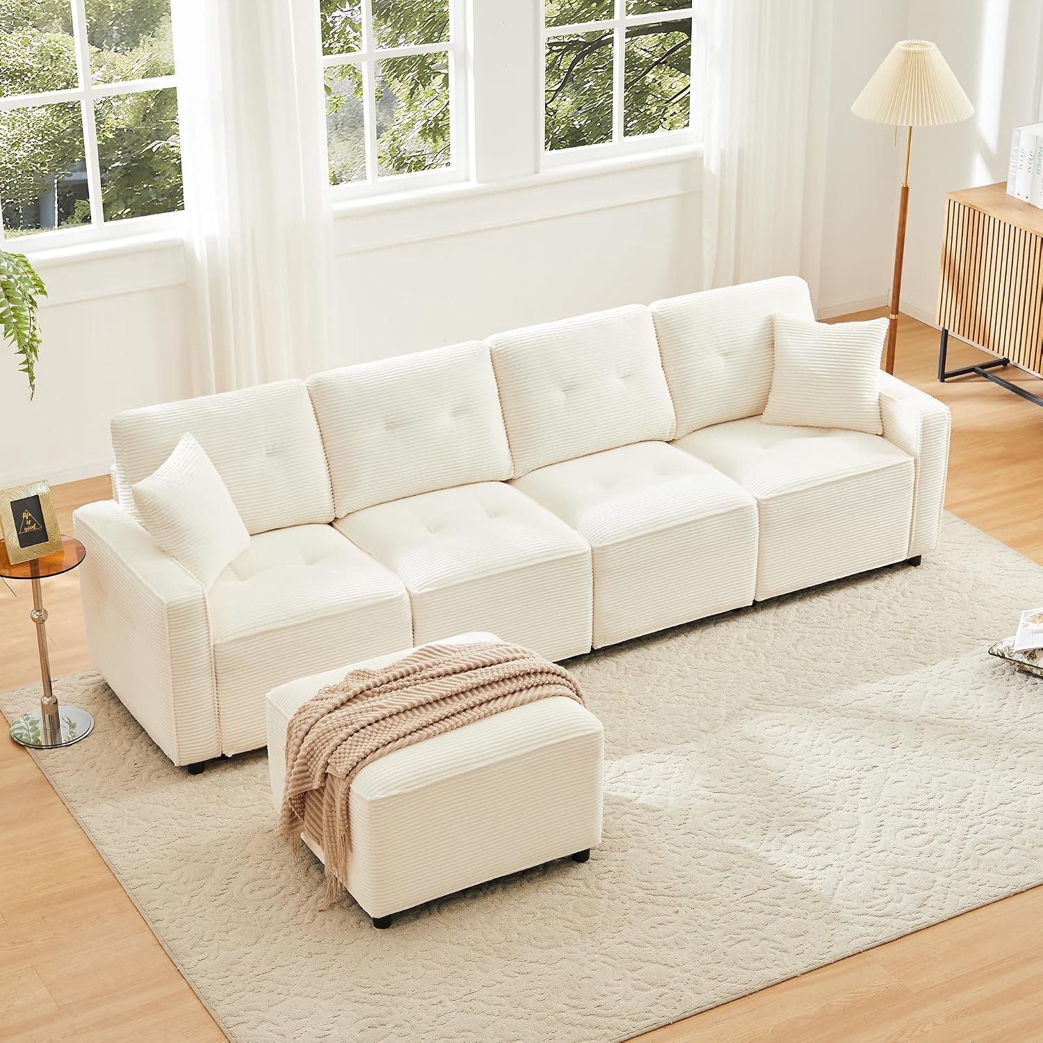 4-zitsbank 280 cm met opbergruimte onder de zittingen, corduroy bank met veerkern en kruk om vrij te plaatsen, grote woonkamerbank, beige, 280 x 146 x 85 cm