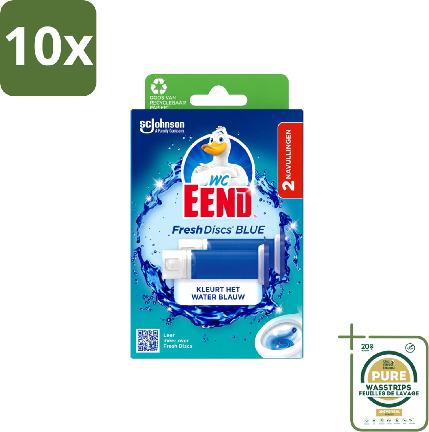 10 x WC Eend - Fresh Discs Coloring Blue - Duo Navulling - Kleurt Water Blauw & Verfrist - 72 ml - Wasstrips - Toiletgel - Toiletverzorging - Toilet Reinigen - Toilet Fris Houden - Toilet Kleuren