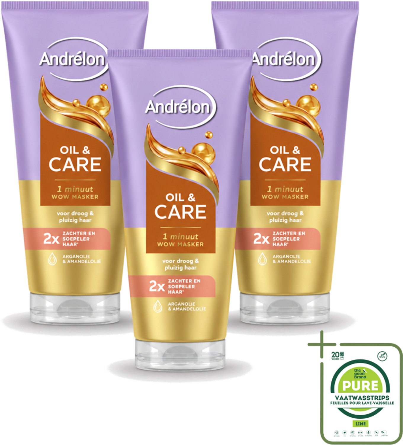 3 x Andrélon – Haarmasker WOW – Oil & Care – 180 ml - Grootverpakking - Vaatwasstrips - Haarmasker - Haar Verzorging - Droog Haar - Pluizig Haar - Arganolie