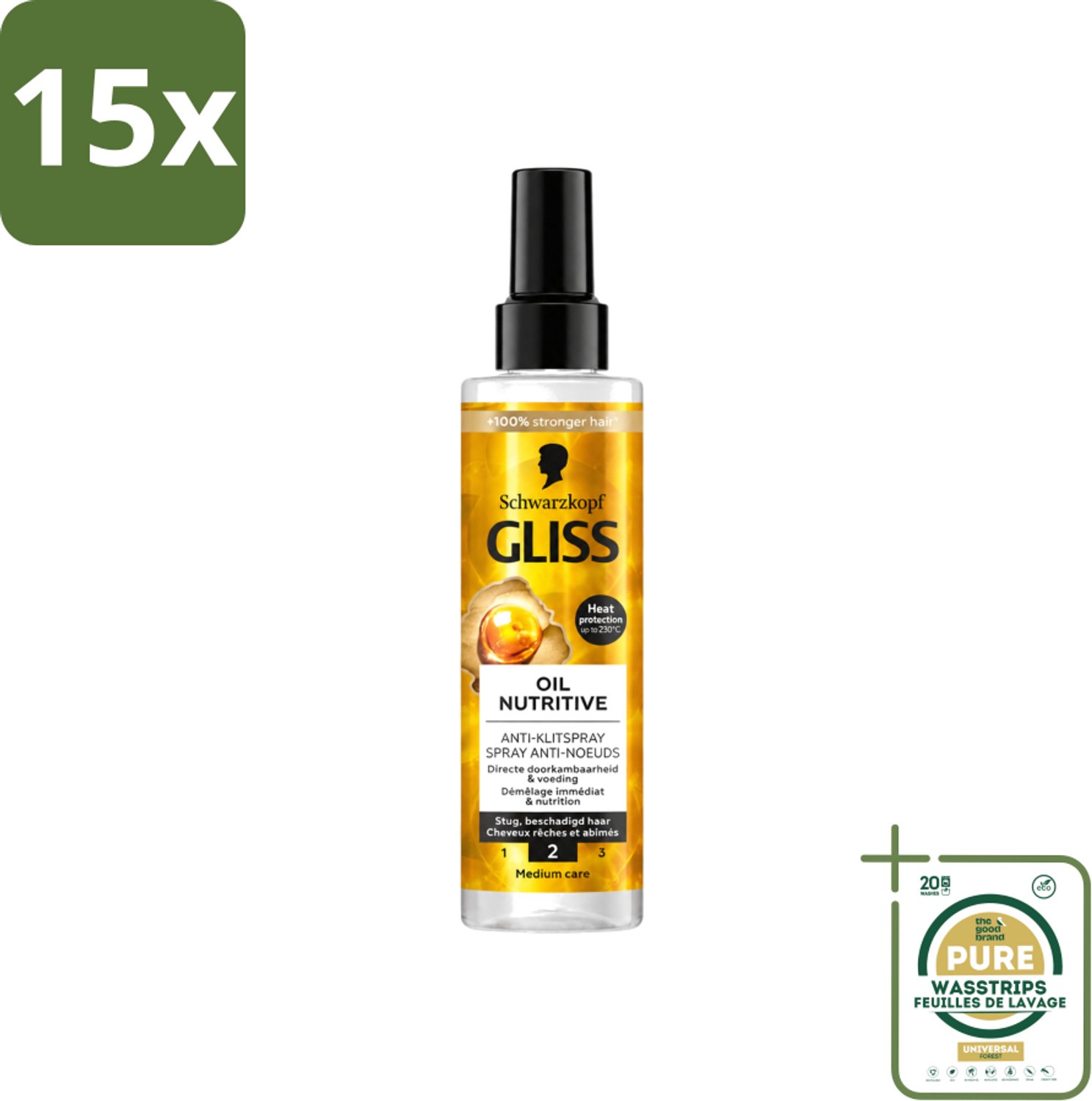 15 x Gliss - Hair Repair - Anti-Klitspray - Oil Nutritive - Makkelijk Doorkambaar Haar - 200 ml - Wasstrips - Anti-klitspray - Haarbescherming - Haarverzorging - Haarvoeding - Haarverzorging Voor Droog Haar