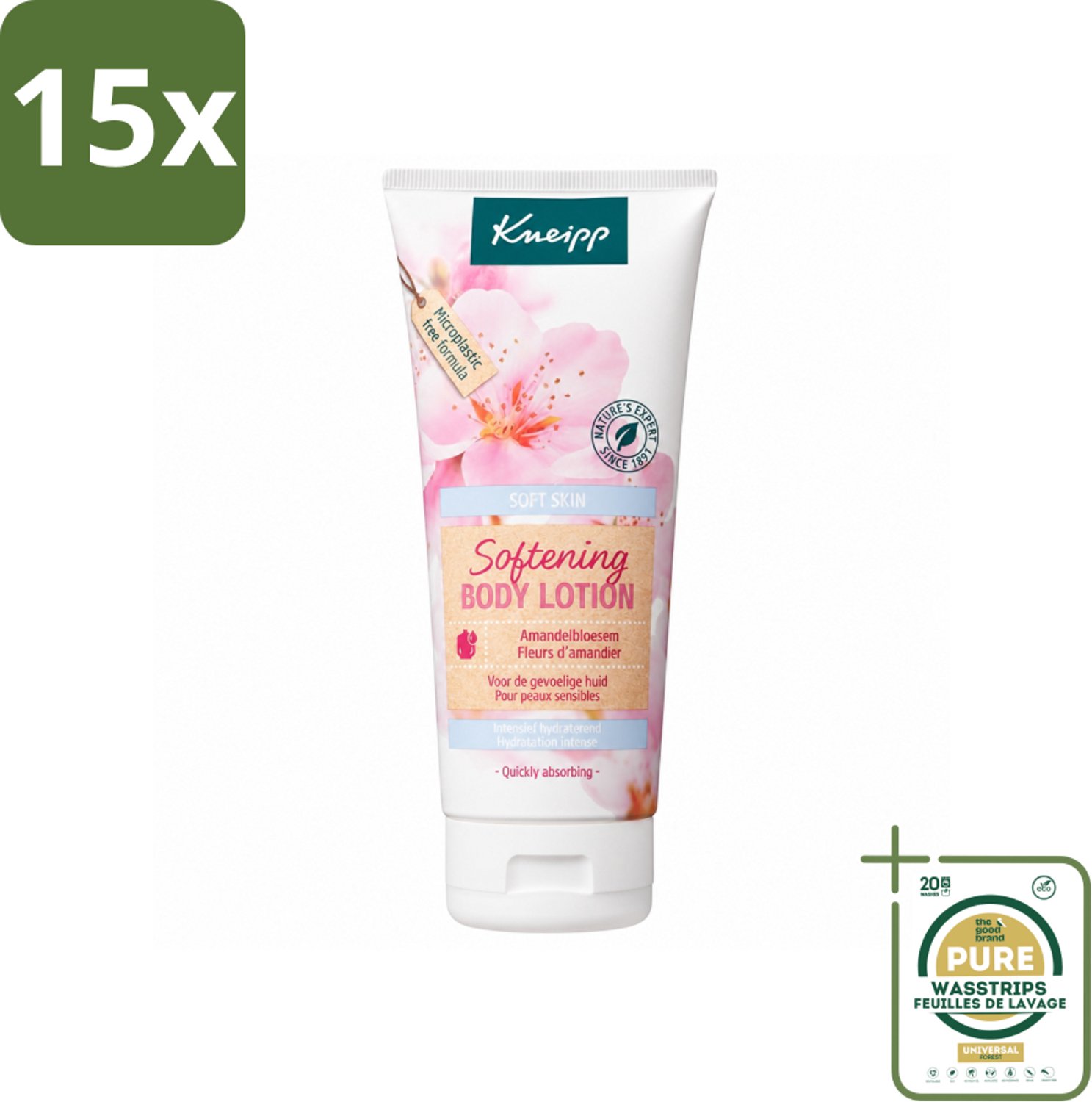 15 x Kneipp - Body lotion - Soft Skin - Amandelbloesem - 200 ml - Wasstrips - Gevoelige Huid Verzorging - Amandelolie - Hydraterende Crème - Zachte Huid - Huidverzorging