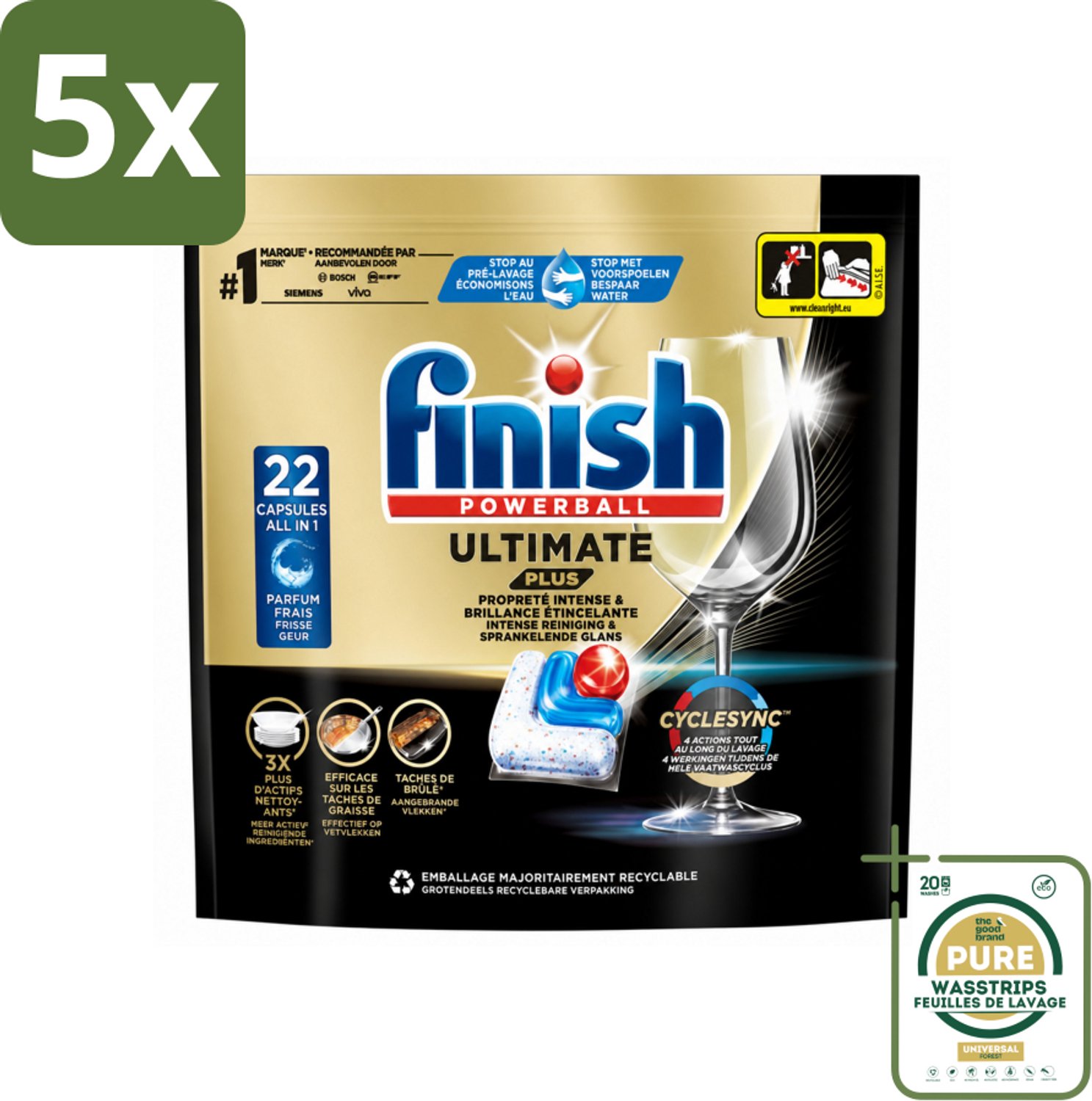 5 x Finish - Vaatwasmiddel - Ultimate Plus Vaatwastabletten Regular - Krachtige Alles-in-1 Reiniging - 22 capsules - Wasstrips - Vaatwasmiddel - Vaatwastablet - Reinigingsmiddel - Glans - Vaatwas