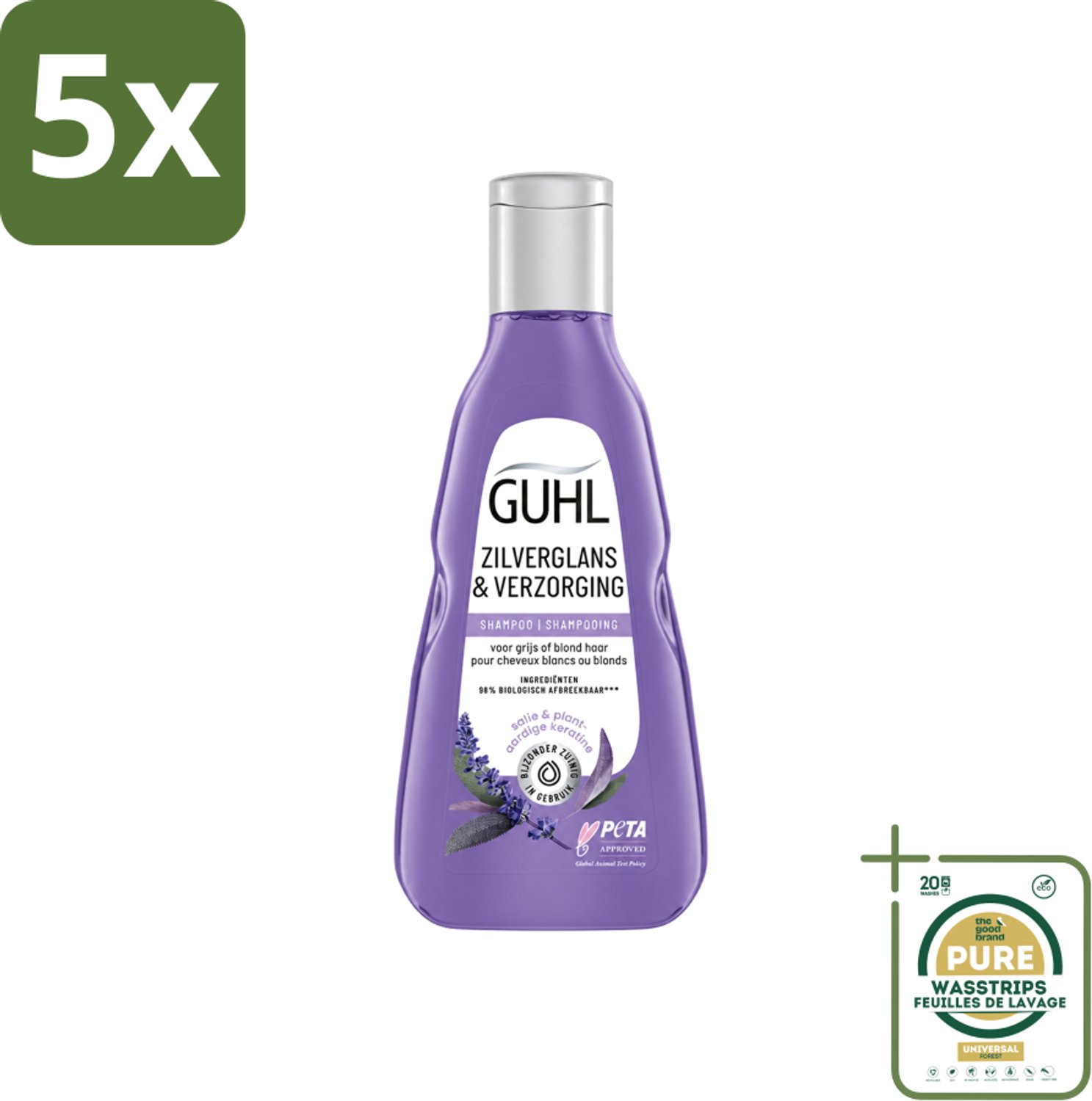 5 x Guhl - Shampoo - Zilverglans & Verzorging - 250 ml - Wasstrips - Zilverglans Shampoo - Anti-geel Shampoo - Grijs Haar Verzorging - Blond Haar Verzorging - Haarverzorging