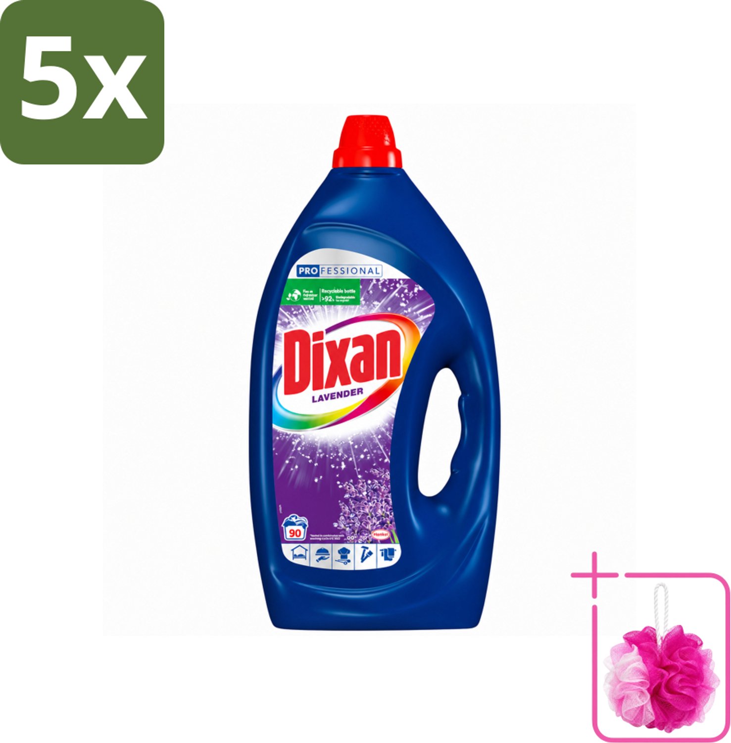 5 x Dixan - Vloeibaar wasmiddel - Fresh Lavender - Professional - 90 wasbeurten - Bulkverpakking - Wasmiddel - Douchemop - Waskracht