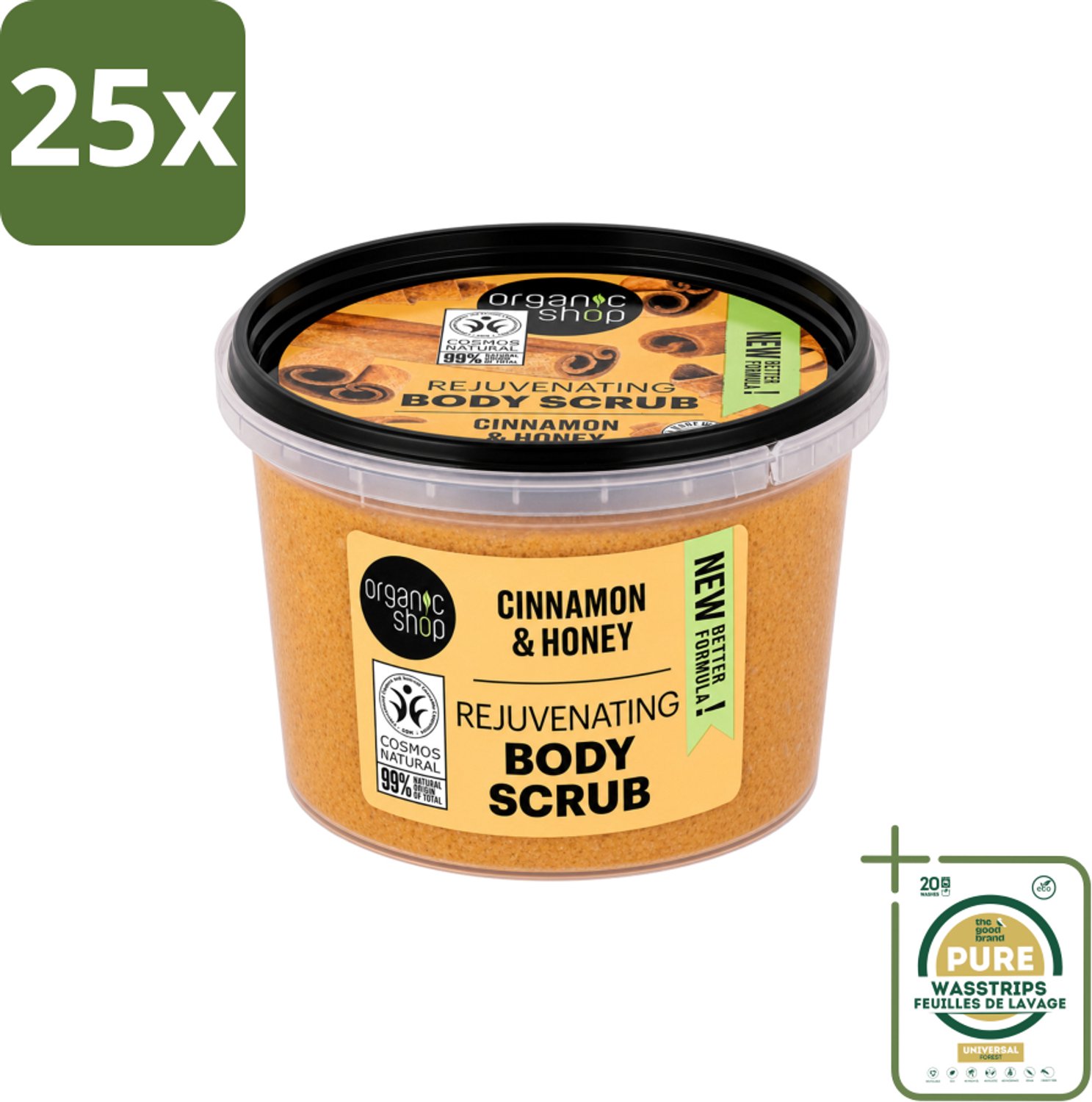 25 x Organic Shop - Rejuvenating Body Scrub Cinnamon - Exfoliërend en Hydraterend - 250 ml - Wasstrips - Exfoliatie - Huidvernieuwing - Kaneel - Natuurlijke Huidverzorging - Hydraterende Scrub