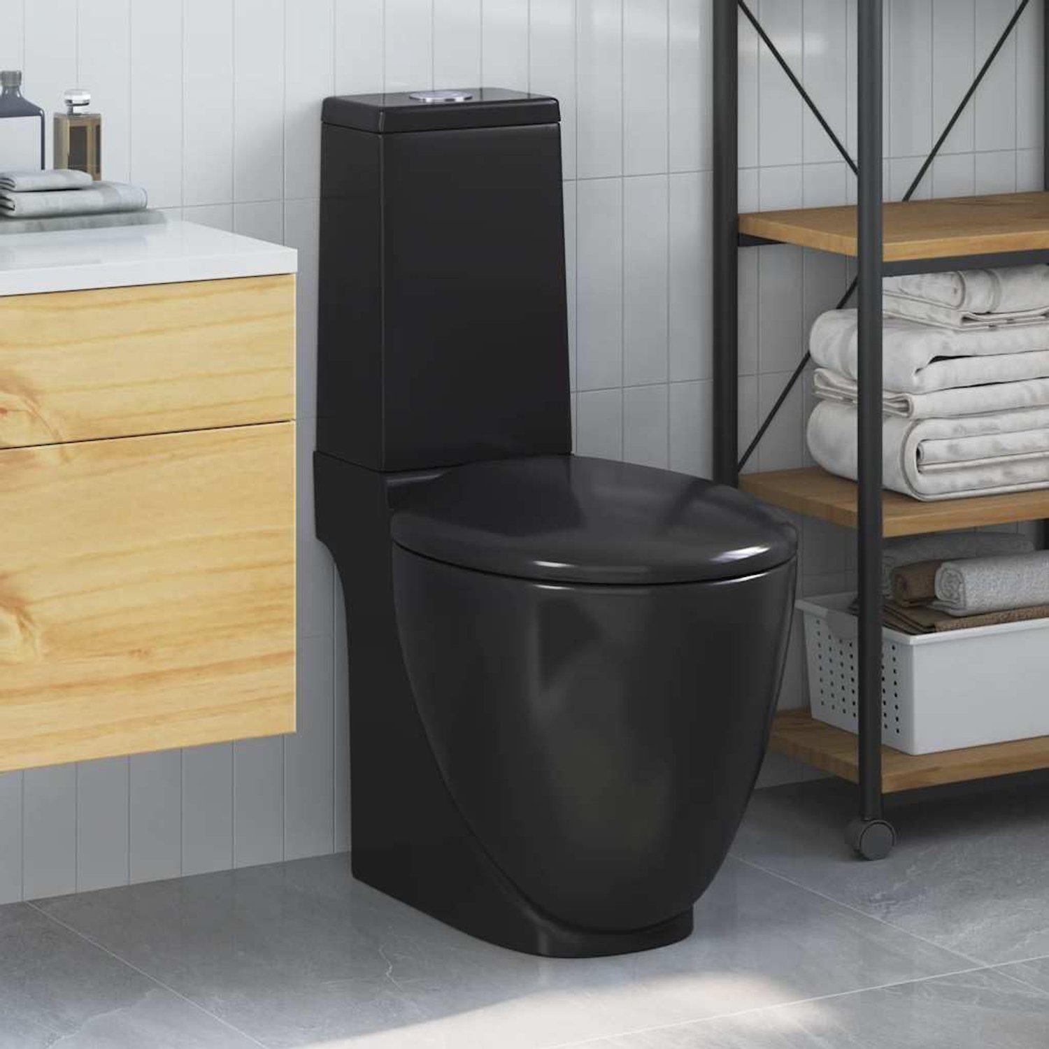 Rond, zwart, staand toilet van keramiek met softclose-zitting, 2 spoelhoeveelheden 3/6 l, verticale afvoer, moderne badkamer toilet