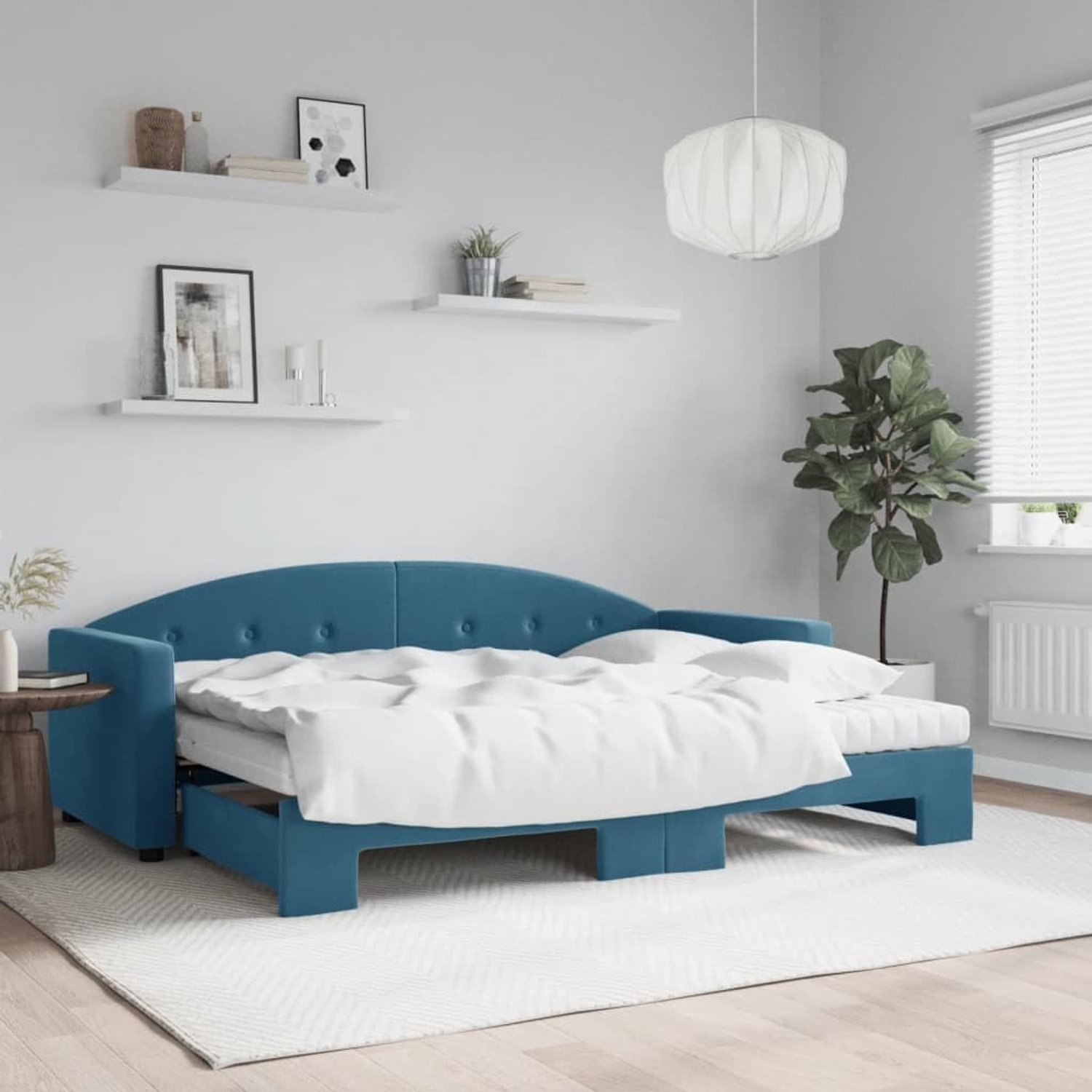 Uittrekbaar met matrassen, blauw, 80 x 200 cm, fluweel, hotelbedframe voor slaapkamer, bedframe voor woonkamer, slaapkamer