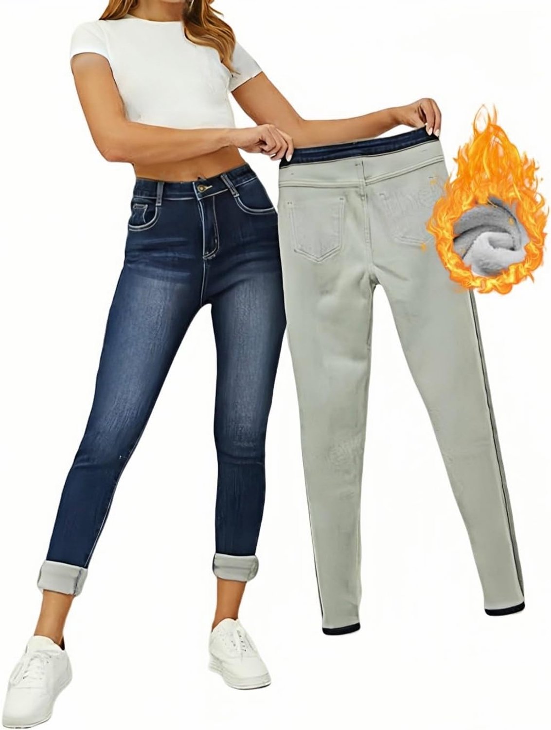 Jeans voor dames, thermische winterspijkerbroek met fleece, skinny jeans met hoge taille en stretch