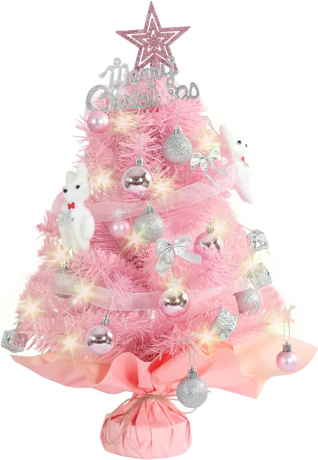 60 cm kerstboom met led-lichtsnoer, mini-kunstkerstboom met ster, boomtop en rode kerstballen, dennenboom voor kerstdecoratie, binnen, kantoor, Kerstmis, advent (roze)