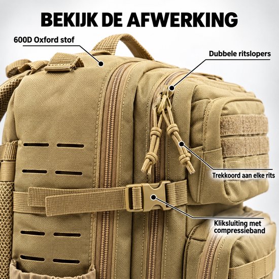 Detail van kakikleurige rugzak in 600D Oxford-stof met dubbele ritssluitingen, trekkoorden en compressiebanden.