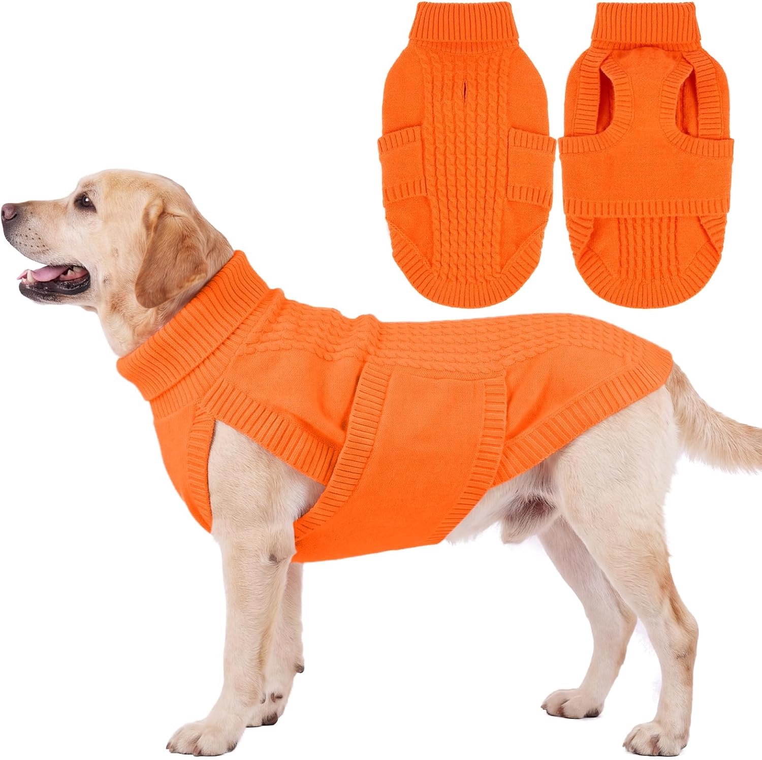 Winter voor grote honden, gebreide wintertrui met rolkraag en harnasopening, warme hondentrui zonder mouwen, vlechtpatroon, pullover, Border Collie, oranje, XXL