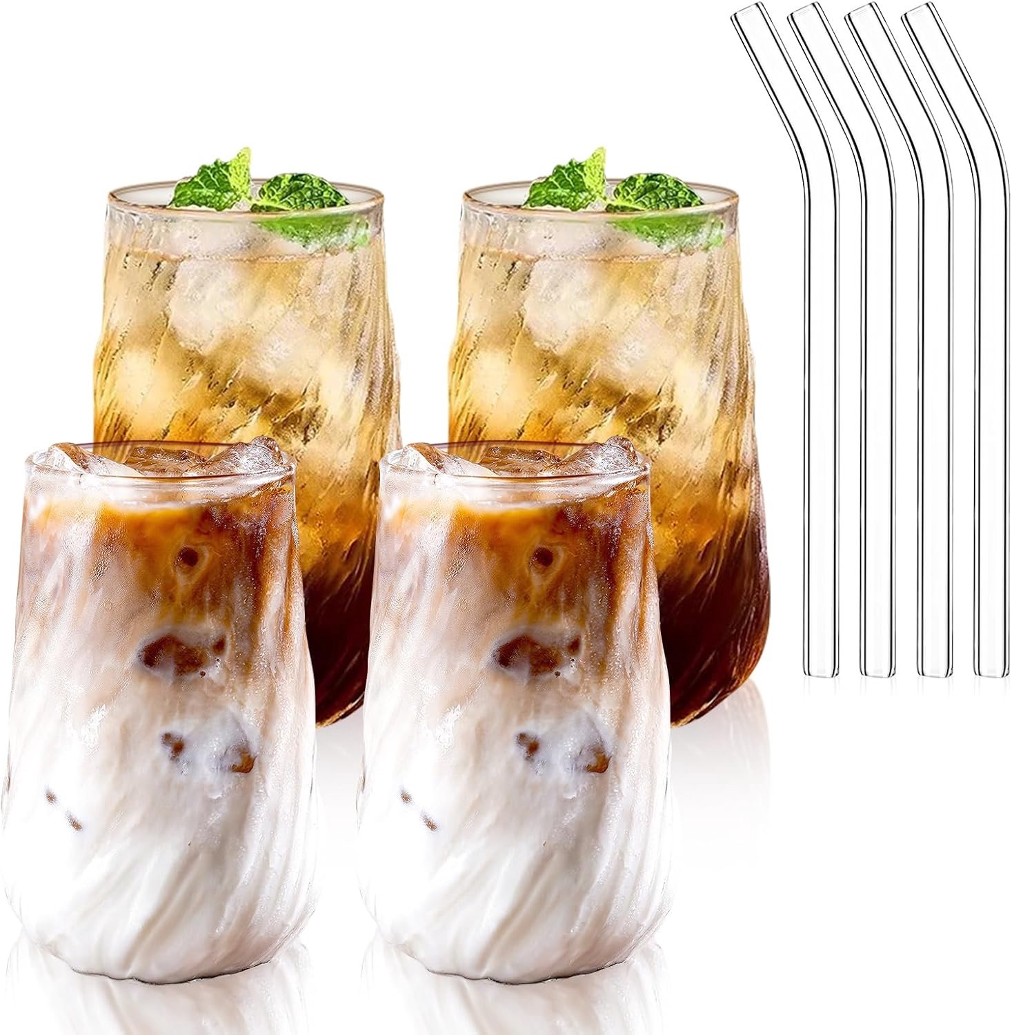 Glas, 400 ml, ijskoffieglazen, fancy geribbelde waterglazen van borosilicaatglas, drinkglas van transparant glas voor limonade, cocktails, sappen, cappuccino, matcha (4 stuks)