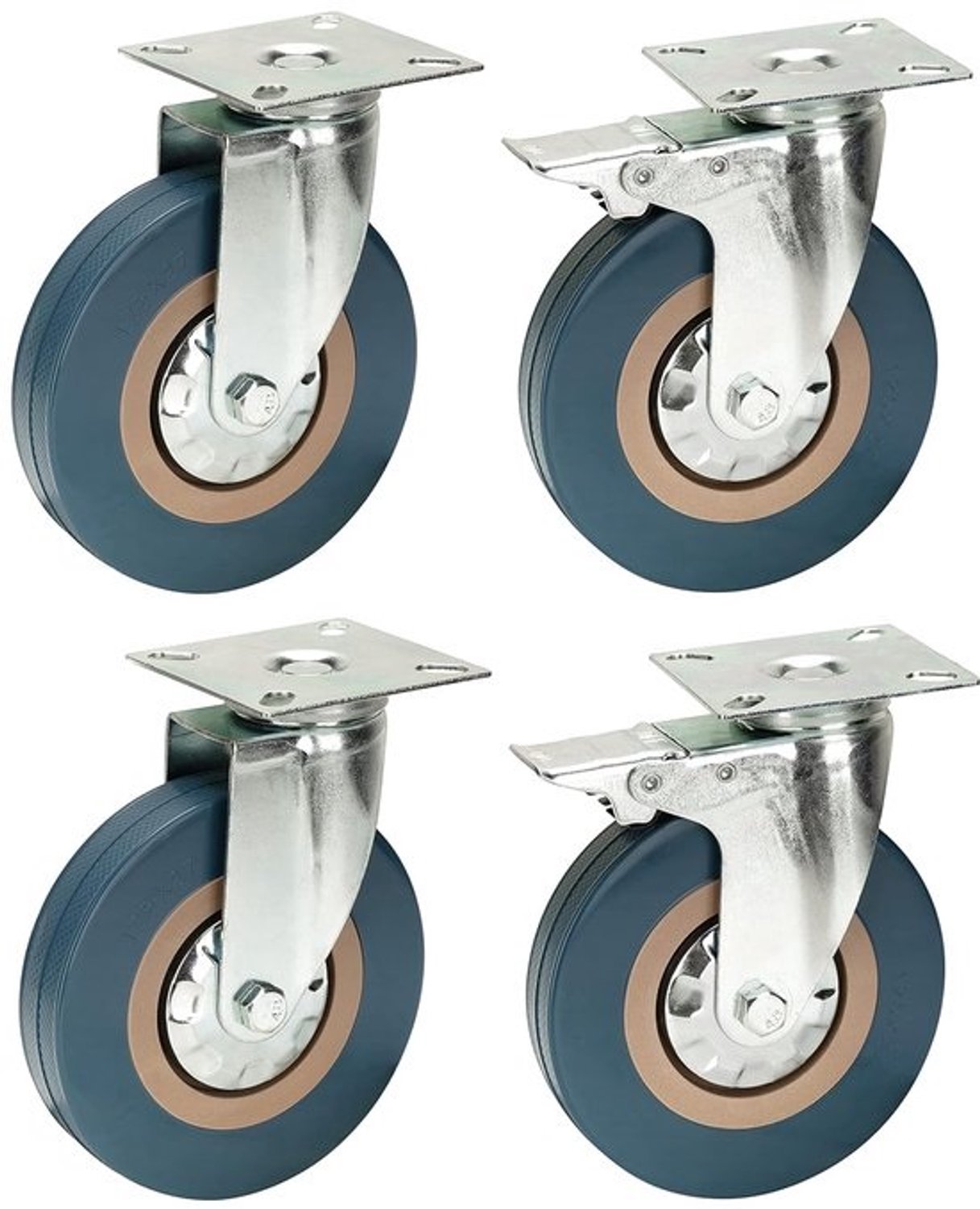 Zwenkwielen met rem - Grijze rubberen wielen - Voor zwaar meubilair verplaatsen - Niet-markerend loopvlak - 125 mm diameter - Grijs