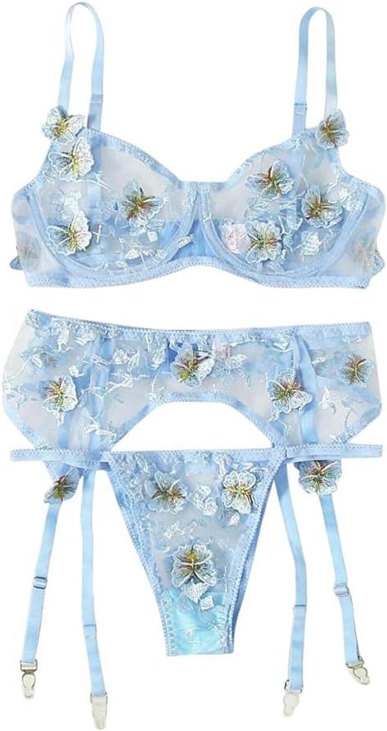 Dameskleding Vrouwen Sexy Slipje Vlinder Geborduurde Lingerie Kousenbanden Transparant Ondergoed Thongs set