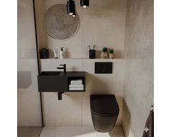 AquaVik Fontein Toilet Met Nis - Solid Surface Mat Zwart - 54x20cm - Handenwasser - Wc Fontein - Toiletfontein - Fonteinkast - Nis Fontein