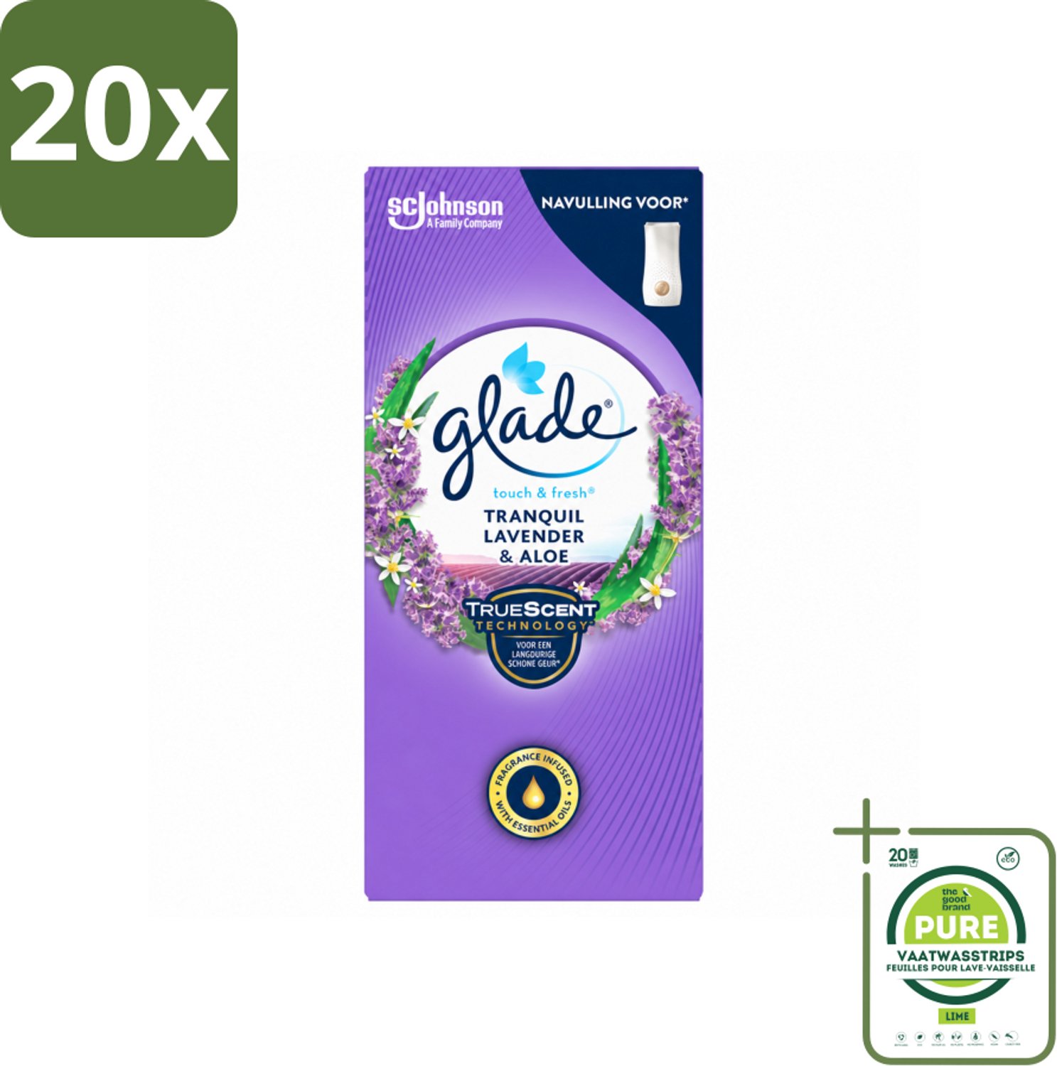 20 x Glade – Touch & Fresh Navulling – Tranquil Lavender & Aloe – 10 ml - Grootverpakking - Vaatwasstrips - Lavendel En Aloë Luchtverfrisser - Compacte Geurboost - Touch & Fresh Navulling - Glade Lavendel Geur