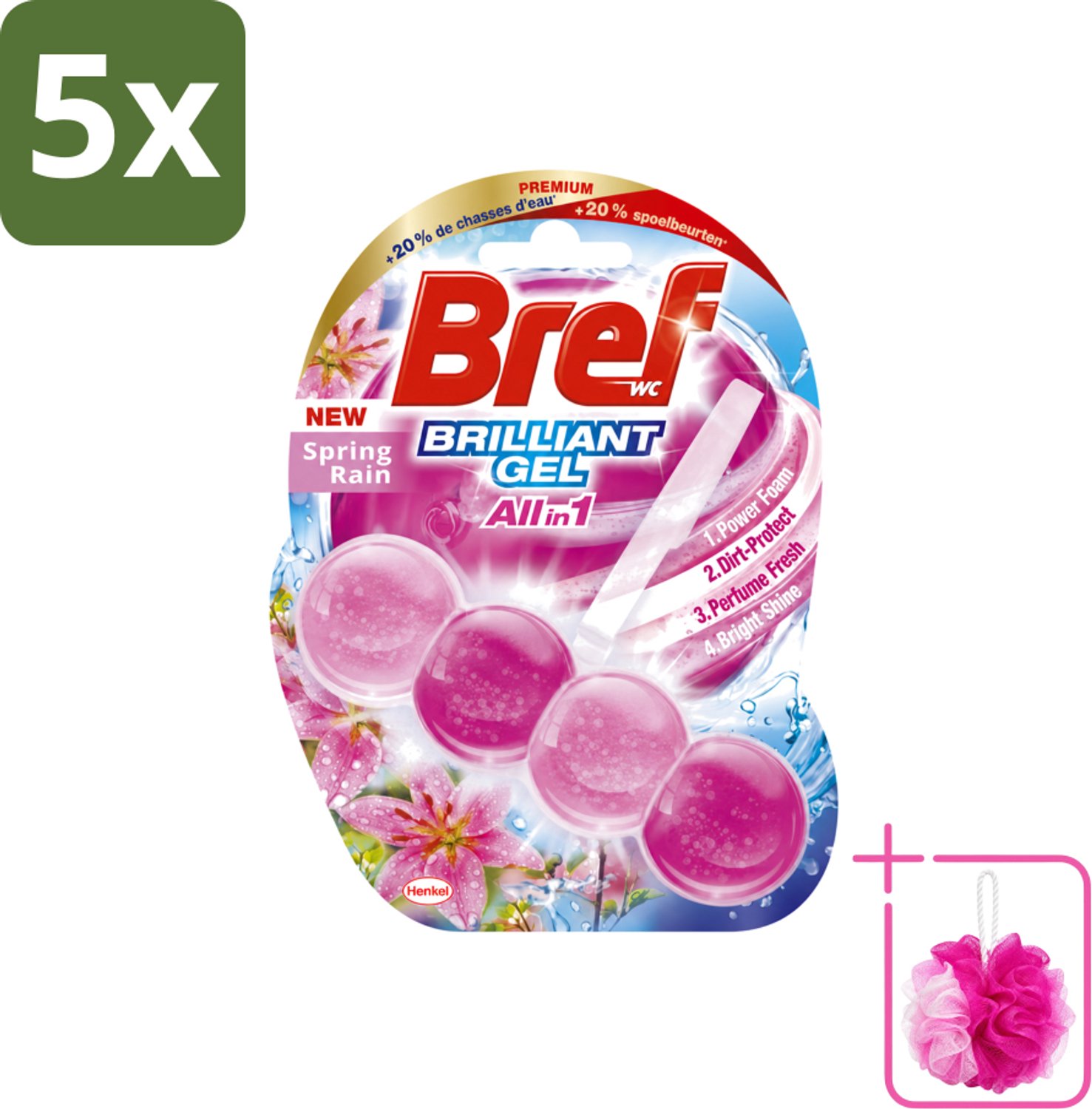 5 x Bref - Toiletblok - Brilliant Gel - Spring Rain - 42g - Bulkverpakking - Toilet reinigen - Douchemop - Toilet fris