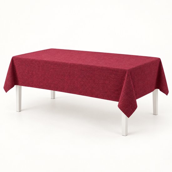 Rechthoekig bordeauxrood tafelkleed met gouden accenten, gepresenteerd op witte poten.