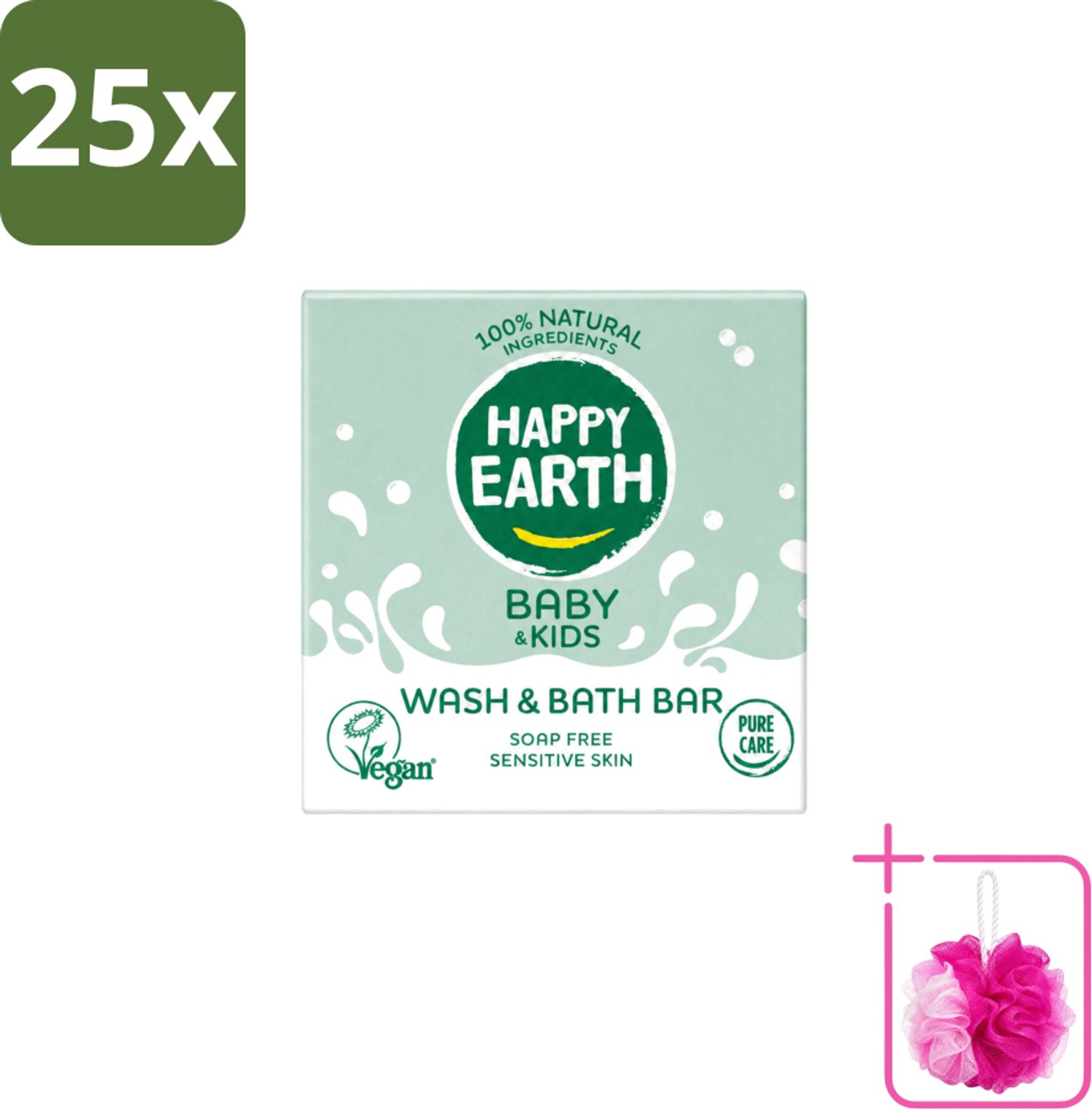 25 x Happy Earth – Wash & Bath Bar – 100% Natuurlijk Baby & Kids – 50 g - Bulkverpakking - Baby wasbar - Douchemop - Kind badbar