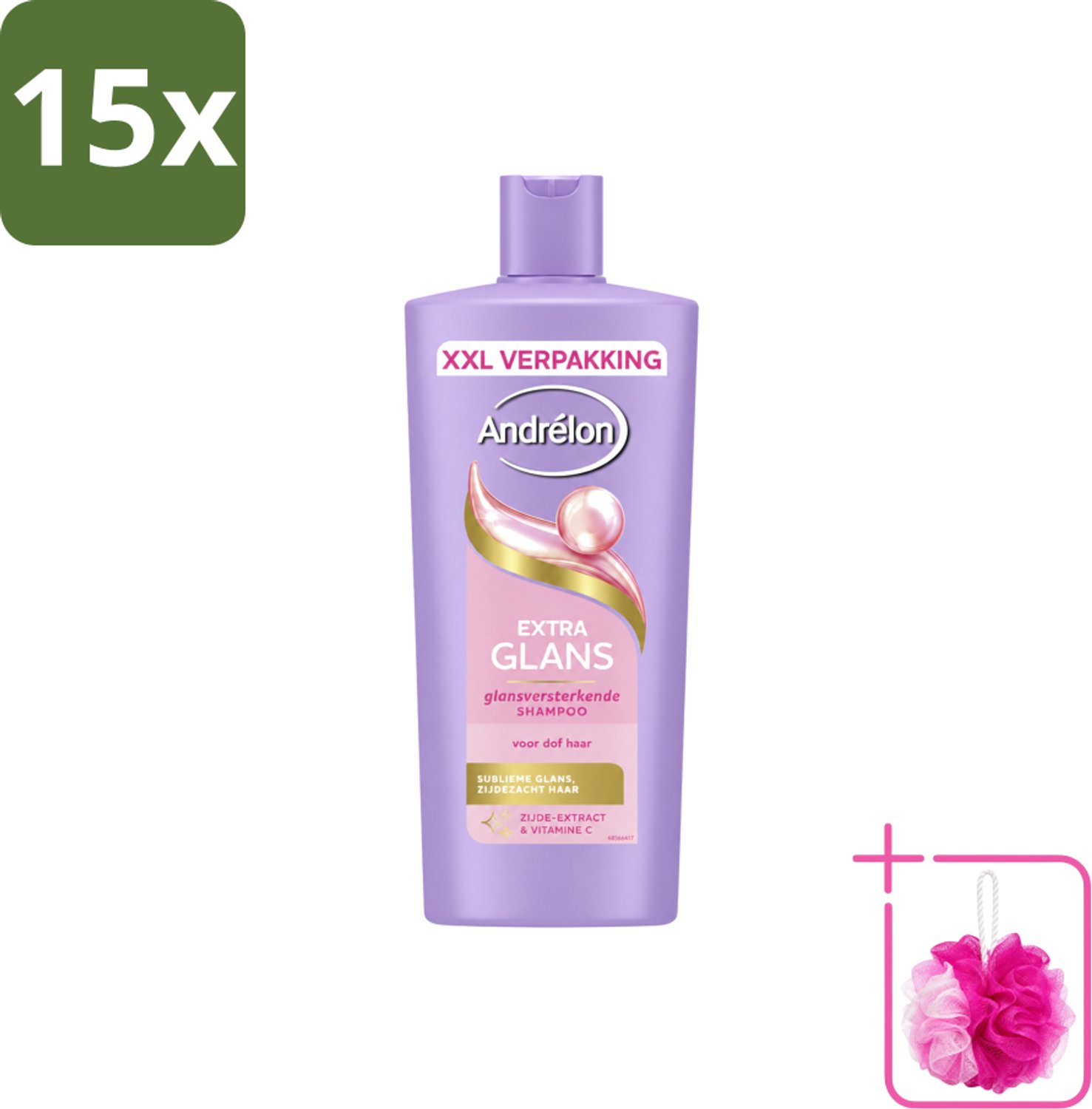15 x Andrélon – Shampoo – Extra Glans – 685 ml - Bulkverpakking - Glans haar - Douchemop - Zijde extract