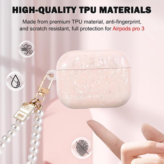 Beschermhoes, compatibel met AirPods Pro 3, Sparkle tas met parelsleutelhanger voor vrouwen, schokbestendig, ultradun, TPU, antislip, krasbestendig, anti-stof, roze — afbeelding 4