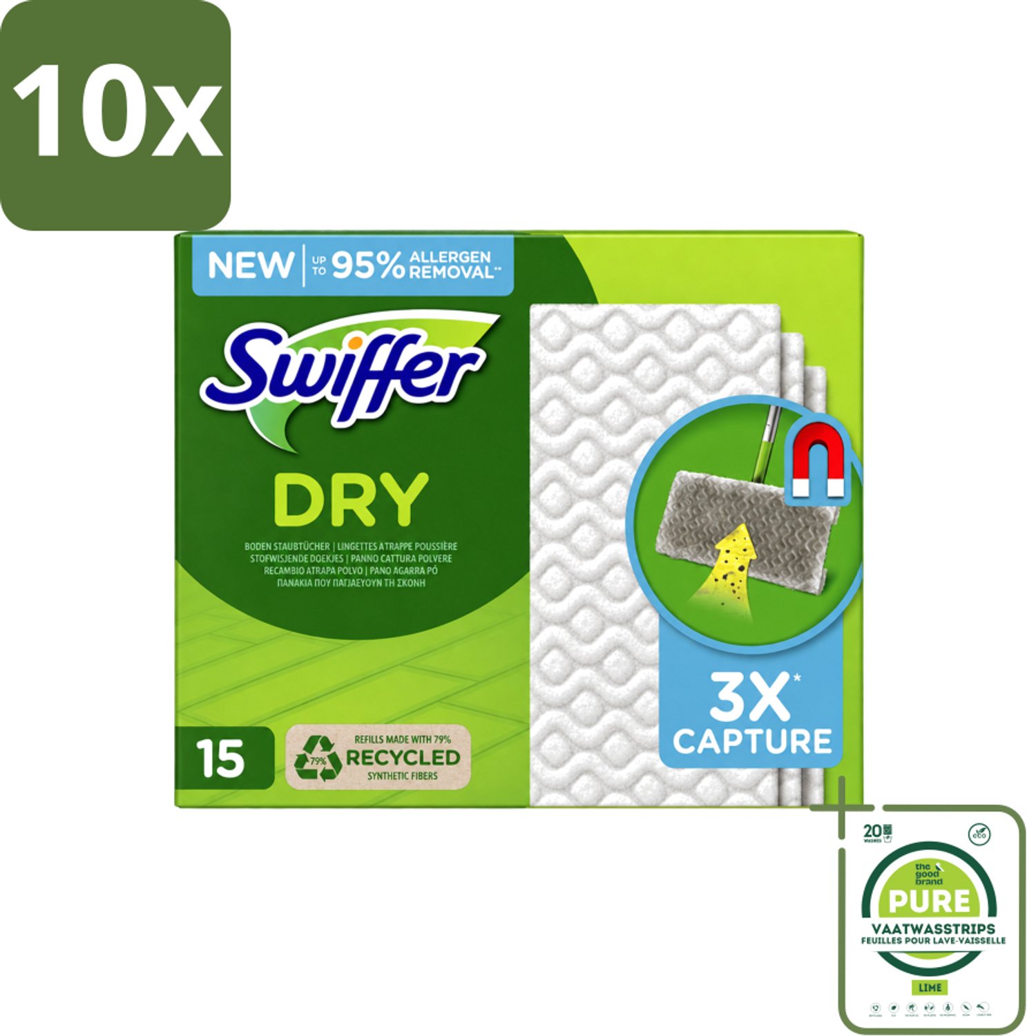 10 x Swiffer Dry - Vloerdoekjes - Navulling - Gerecyclede Fibers - 15 Doekjes - Grootverpakking - Vaatwasstrips - Stofwisdoekjes - Stof Opnemen - Stof Verwijderen - Schoonmaken - Vloer Reinigen