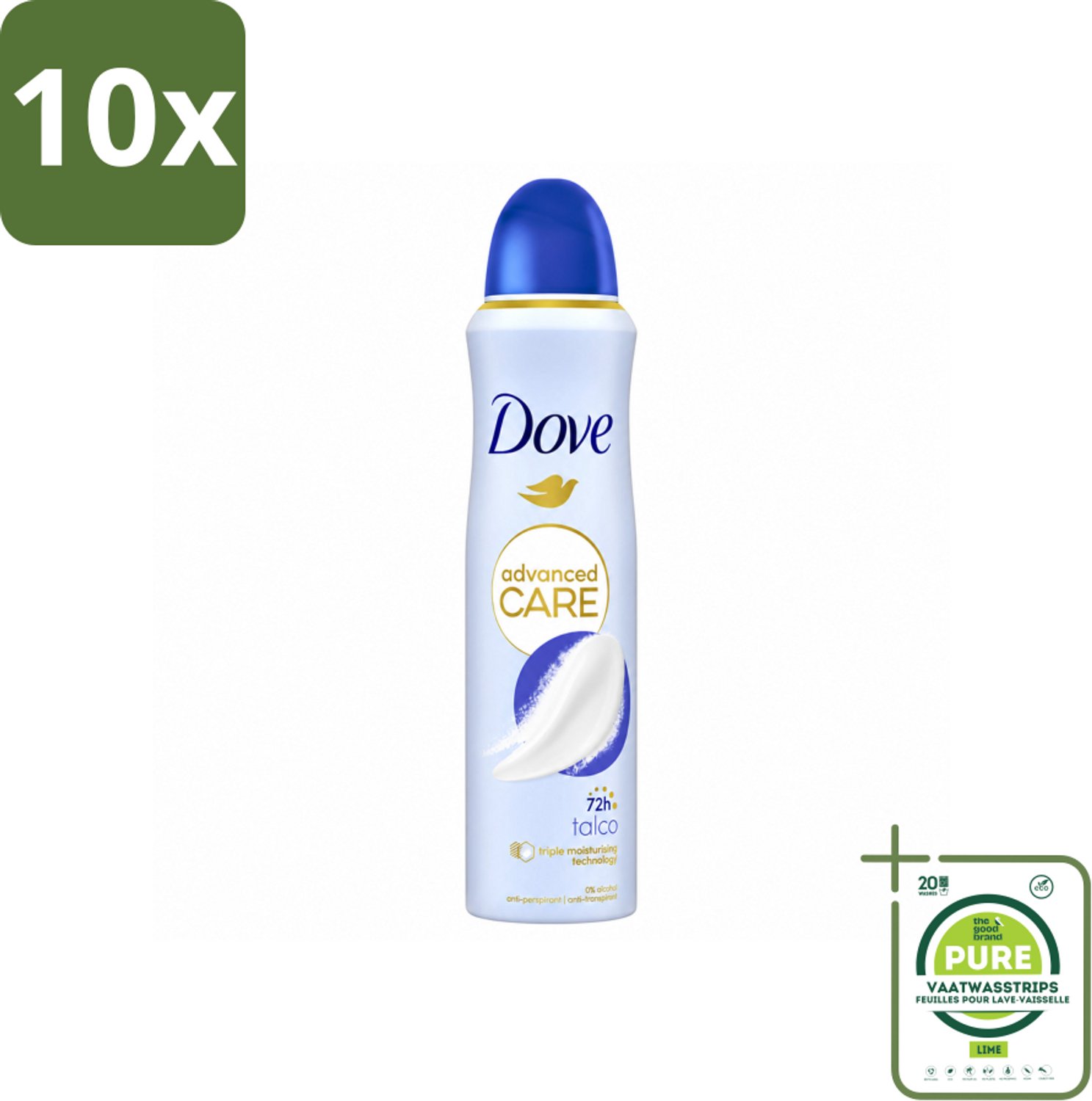 10 x Dove – Deodorant Spray – Talco – 150 ml - Grootverpakking - Vaatwasstrips - Anti-transpirant - Deodorant Spray - Zweetbestendig - Geur Van Talco - Huidbescherming