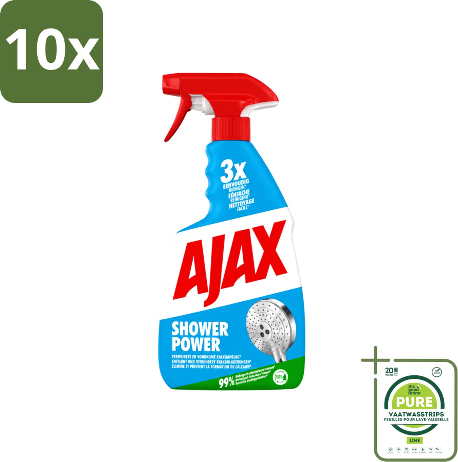 10 x Ajax – Spray – Shower Power – 750 ml - Grootverpakking - Vaatwasstrips - Badkamer Reinigen - Kalkaanslag Verwijderen - Zeepresten Verwijderen - Douche Reinigen - Badkamer Schoon Houden