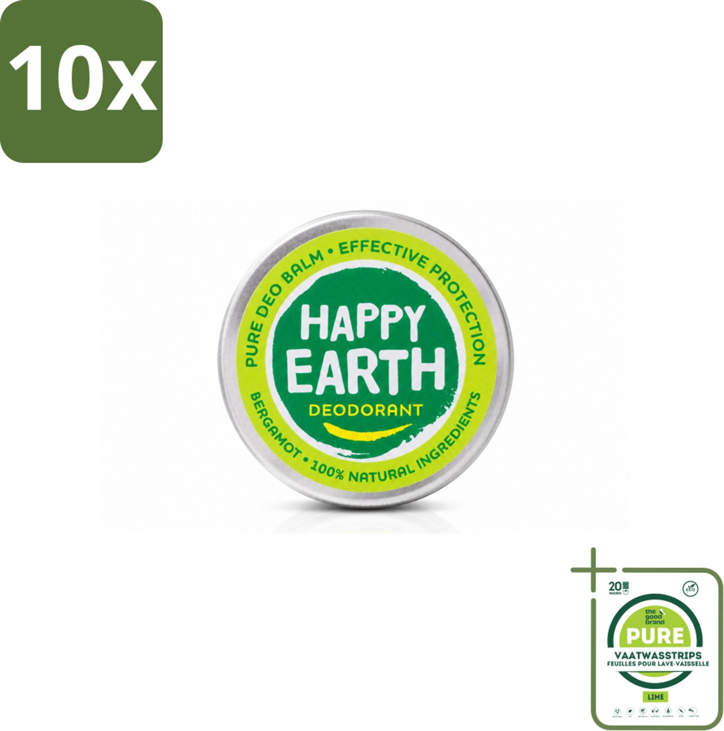 10 x Happy Earth – Deodorant Balm – 100% Natuurlijk Bergamot – 45 g - Grootverpakking - Vaatwasstrips - Deodorant Bergamot - Natuurlijke Deodorant - Huidvriendelijke Deodorant - Vegan Deodorant - Mineralen Zouten