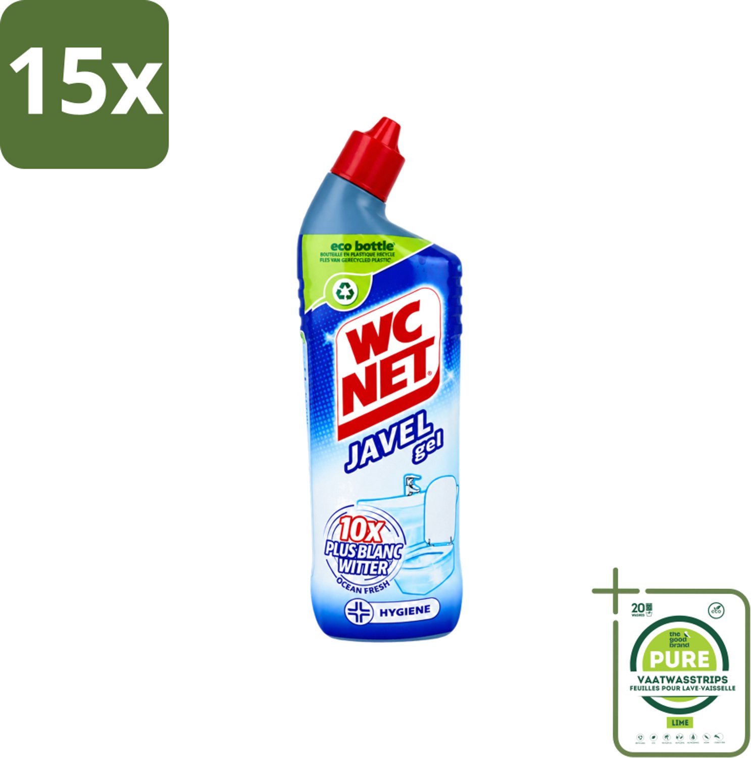 15 x WC Net - Toiletreiniger - Gel - Ocean Fresh - Gerecycled Materiaal - 750 ml - Grootverpakking - Vaatwasstrips - WC Net Gel - Toilet Reiniger - Toilet Reinigen - Toilet Reiniger Gel - Instant White Toilet