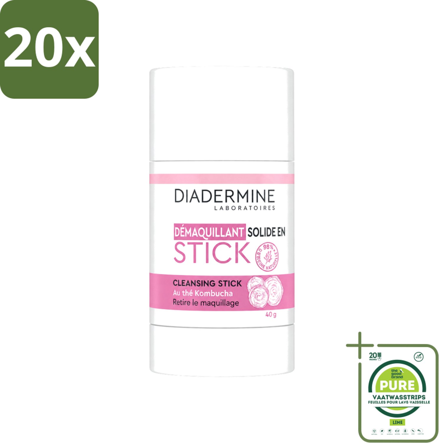 20 x Diadermine - Essential Care - Cleansing Stick - Kombucha - 40g - Grootverpakking - Vaatwasstrips - Huid Reinigen - Huid Verzorgen - Kombucha Thee - Huid Reinigingsstick - Natuurlijke Huidverzorging