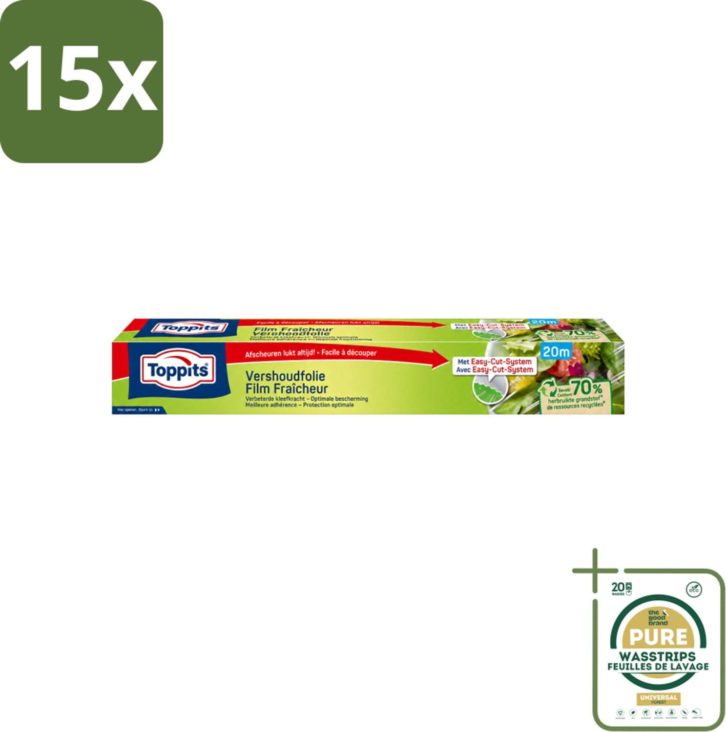 15 x Toppits – Vershoudfolie – 32,5 cm × 20 m - Wasstrips - Vershoudfolie - Vers Eten - Geurbehoud - Smaakbehoud - Voedingsstoffenbehoud