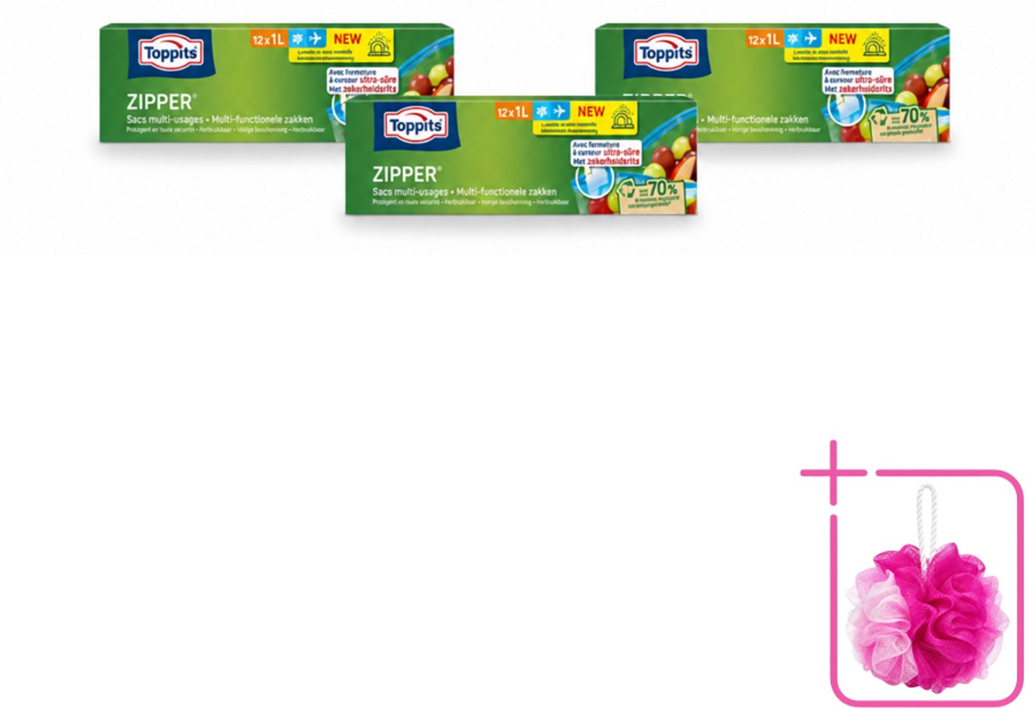 3 x Toppits – Zipper Multifunctionele Zakken – 1 Liter – 12 Zakjes - Bulkverpakking - Zipper zakken - Douchemop - Lekken