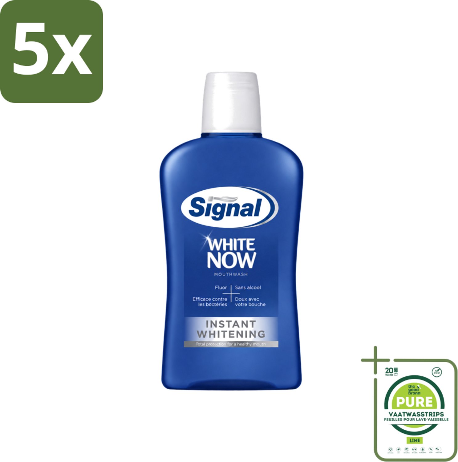 5 x Signal - White Now - Mondwater - 0 % Alcohol - 500 ml - Grootverpakking - Vaatwasstrips - Mondwater - Mondverzorging - Fluoride - Tandplak - Bacteriën
