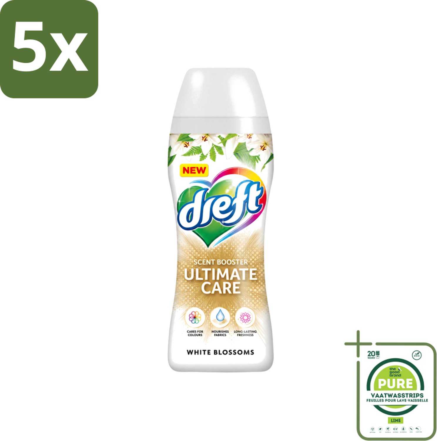 5 x Dreft - Ultimate Care - Wasverzachter - Geurbooster - Gekleurde Was - Witte Bloem - 15 Wasbeurten - Grootverpakking - Vaatwasstrips - Wasmiddel - Geurbooster - Kleurbescherming - Wasverzachter - Vezelverzorging