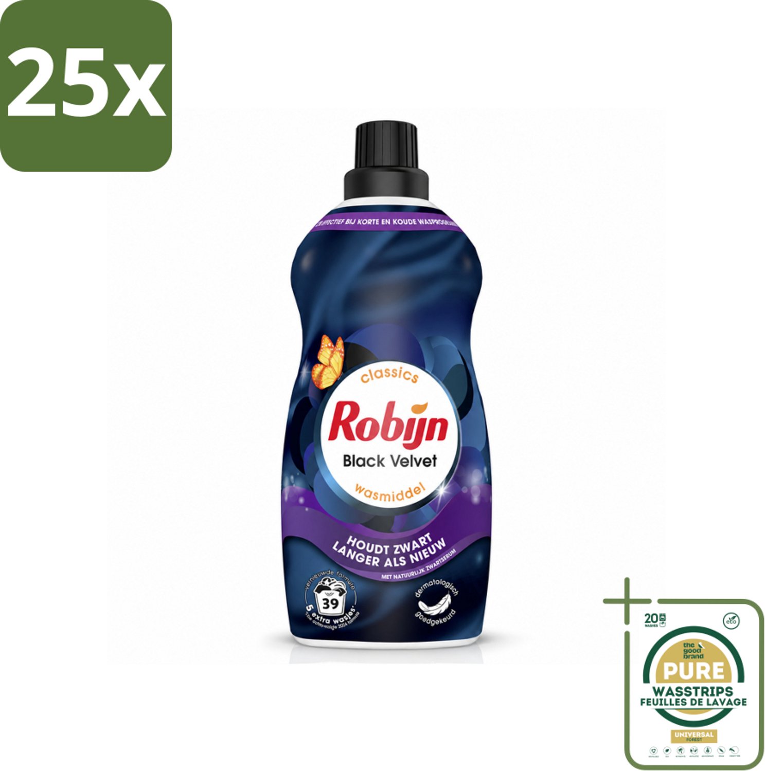 25 x Robijn – Vloeibaar Wasmiddel – Klein & Krachtig Black Velvet – 1,19 L - Wasstrips - Zwarte Was - Donkere Was - Wasmiddel Zwart - Wasmiddel Donker - Kleurbehoud
