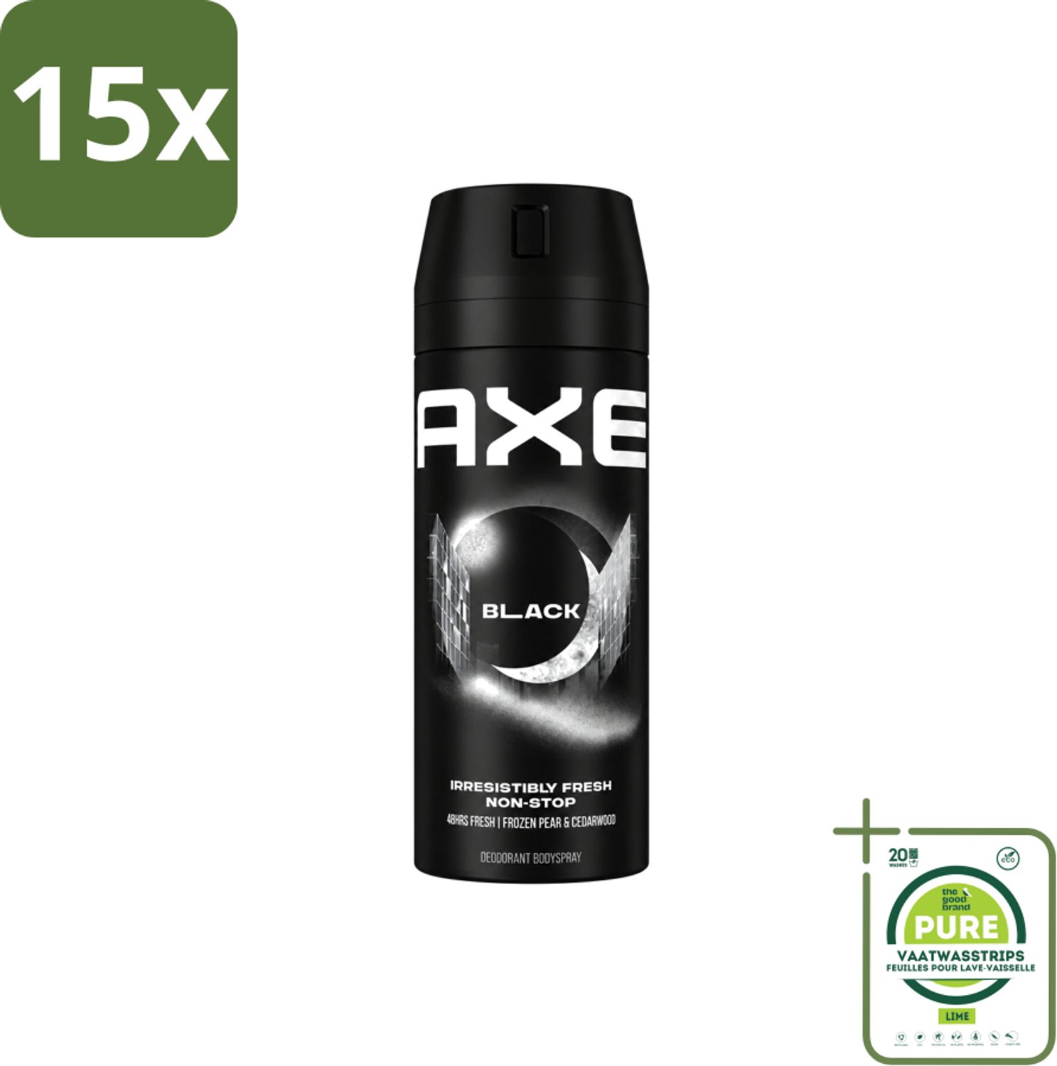 15 x Axe - Deodorant Bodyspray - 48hrs Fresh - Black - Frozen Pear & Cedarwoord - 150 ml - Grootverpakking - Vaatwasstrips - 48 Uur Bescherming - Deodorant Spray - Bevroren Peer - Cedarwood - Aluminiumvrije Deodorant
